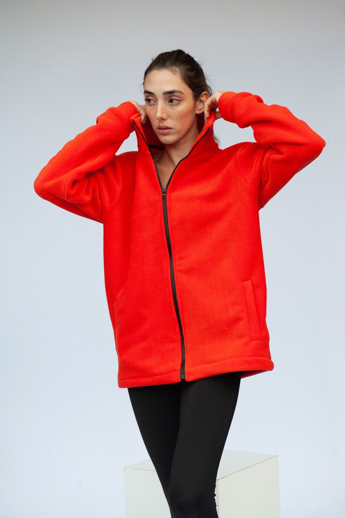 Oversize Bol Kesim Dik Yaka Cep Detaylı Fermuarlı Tüylenme Yapmayan Polar - Orange
