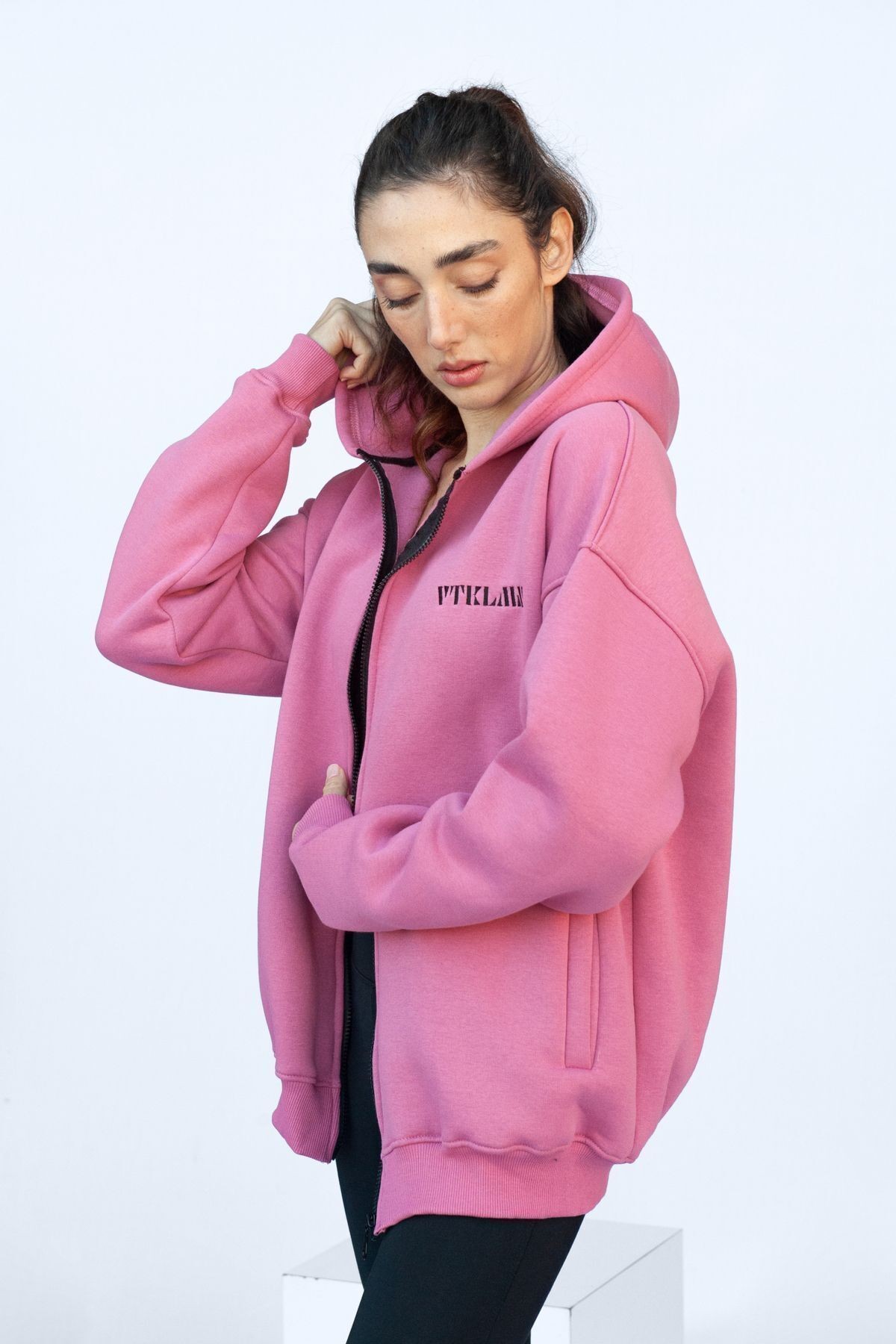Şardonlu Oversize Kapşonlu Fermuarlı Sweatshirt - Pembe