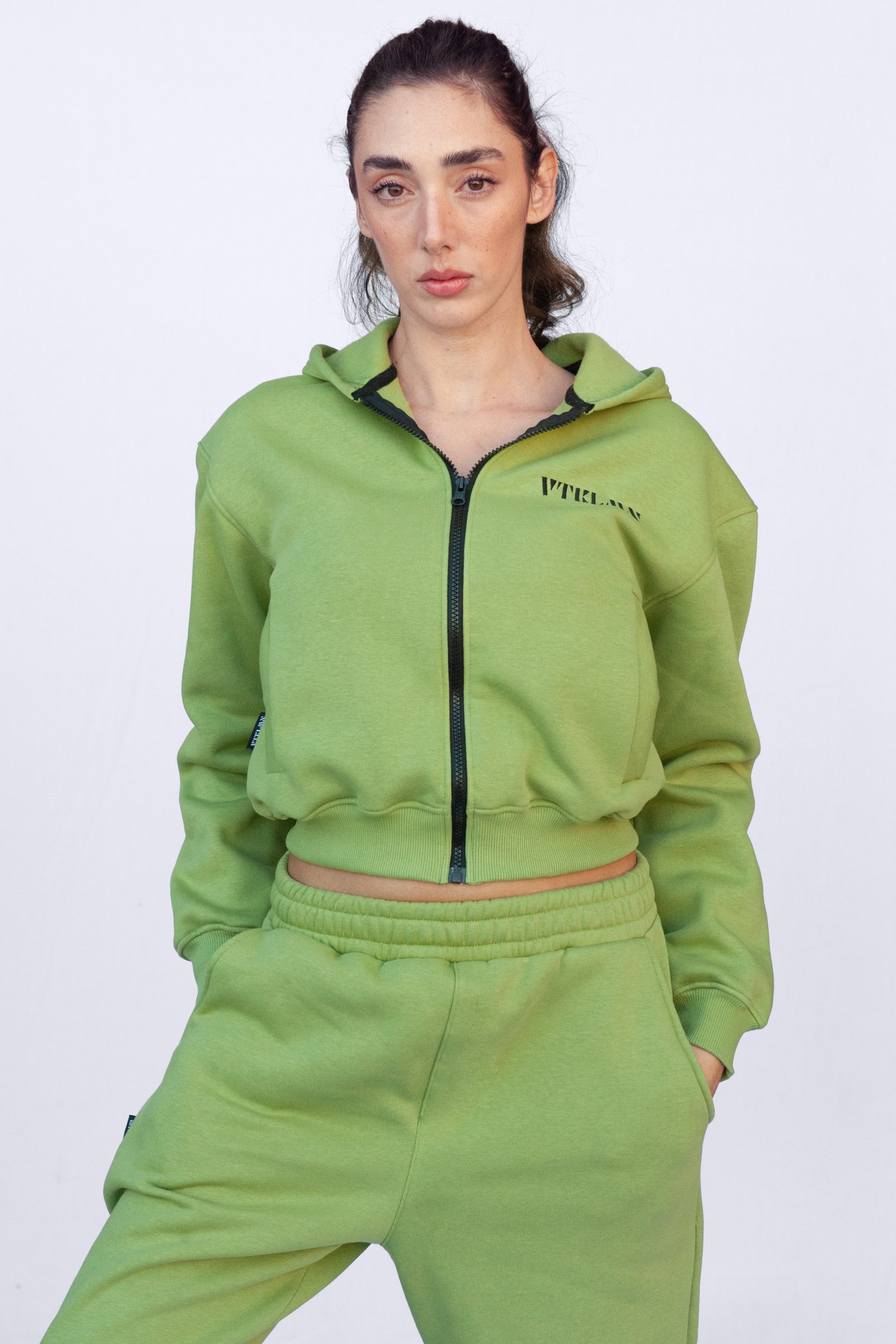 Hooded Crop Thick Fleece Knitted Sweatshirt - Green