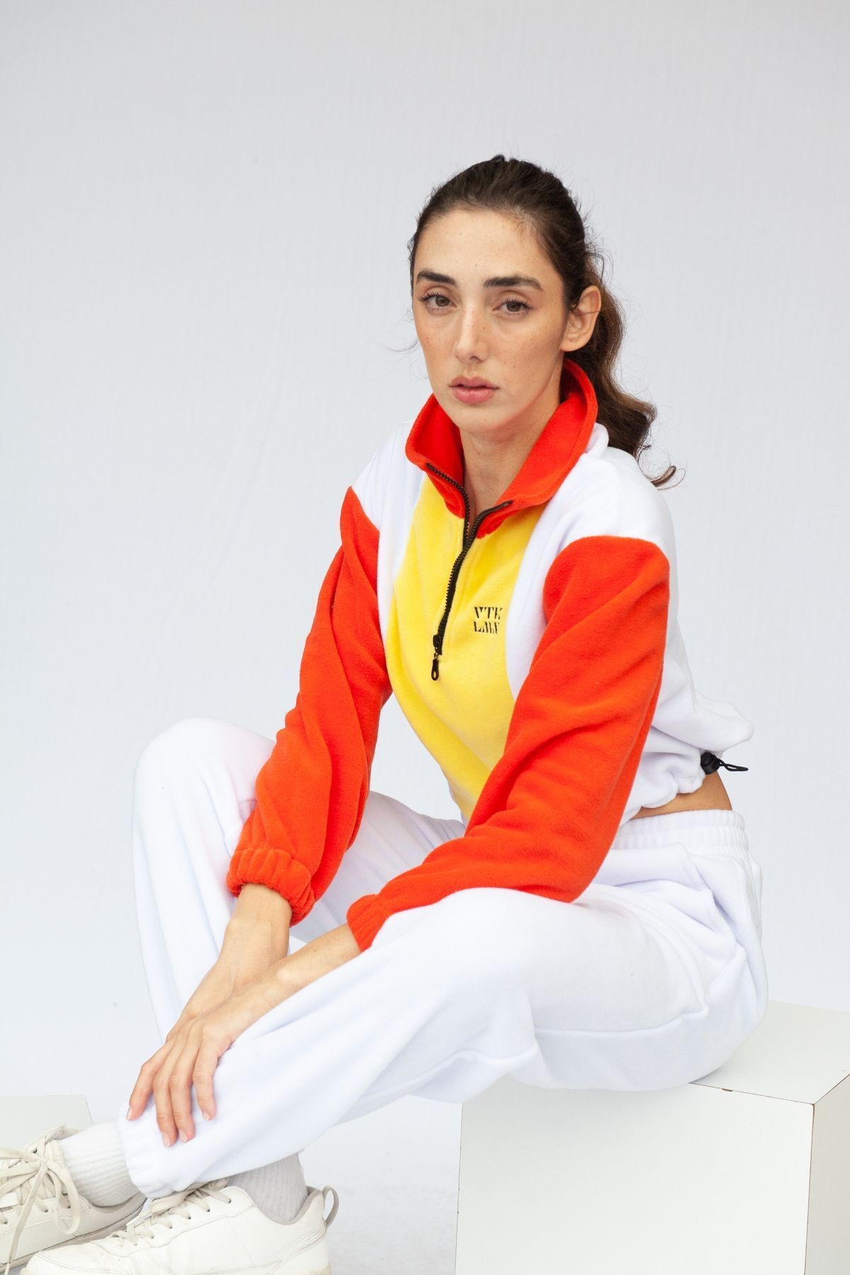 Yarım Fermuarlı Crop Polar - Turuncu