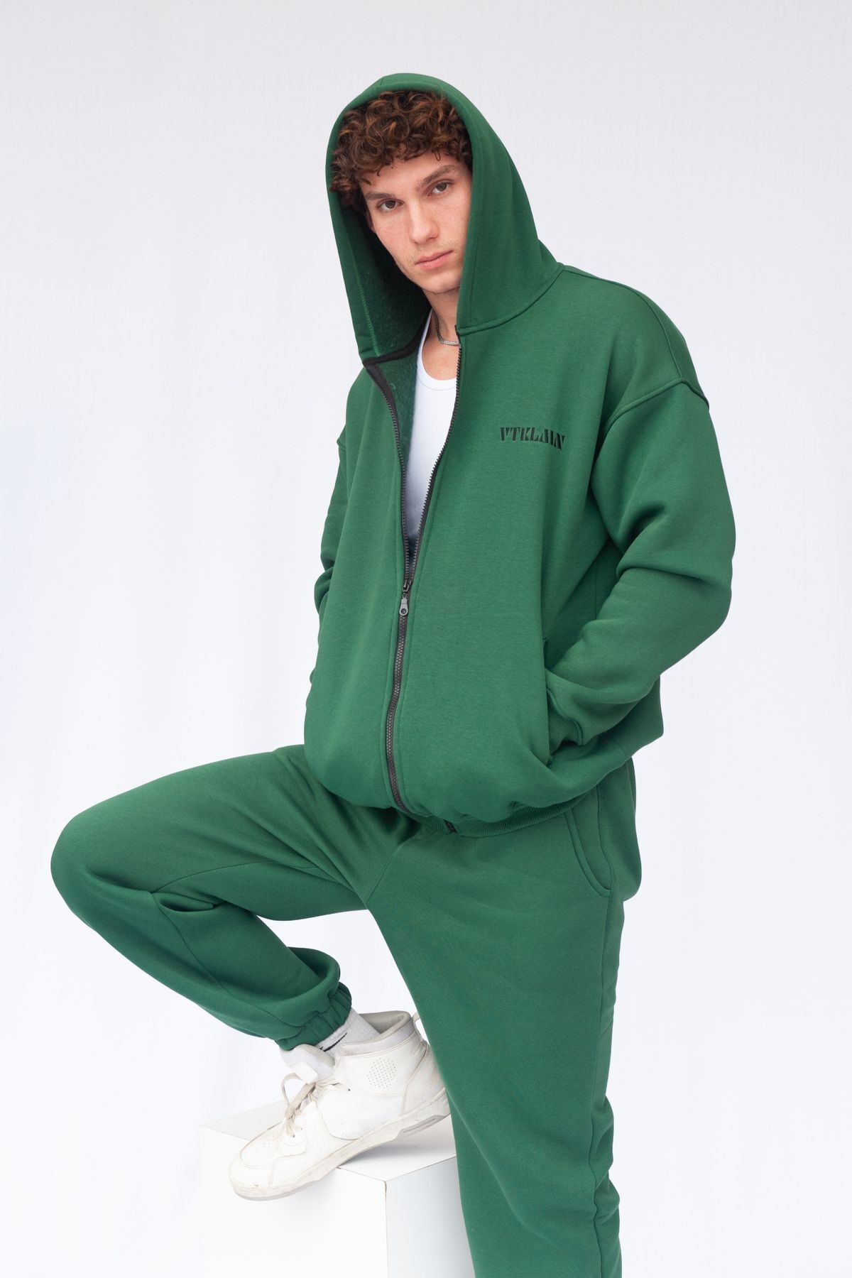 Şardonlu Oversize Kapşonlu Fermuarlı Sweatshirt - Yeşil