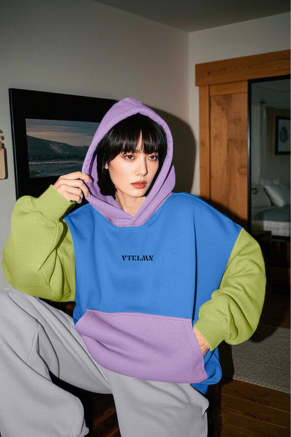 Kapüşonlu Hoodie Sweatshirt - Lacivert-Yeşil-Lila