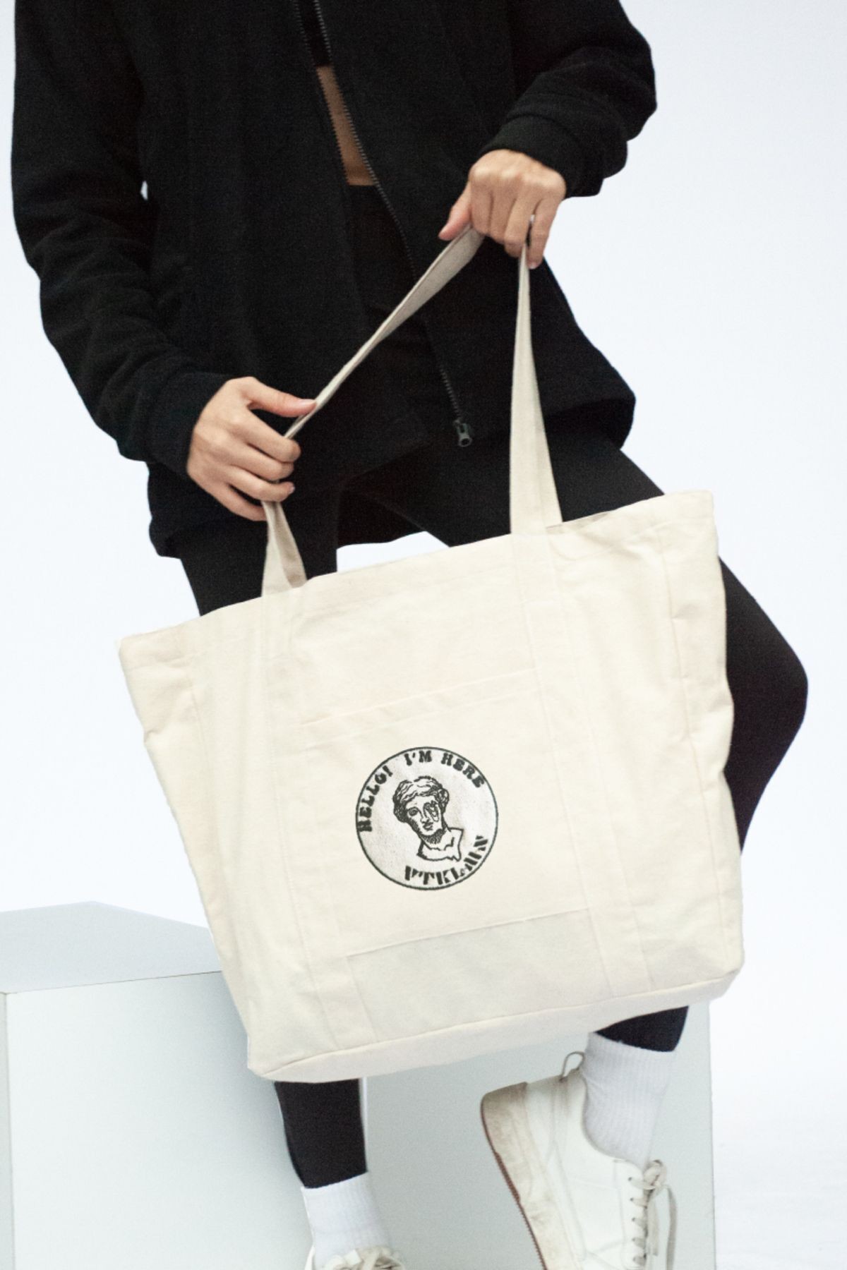 % 100 Pamuk Kanvas Bölmeli Bez Çanta / Tote Bag - Bej3