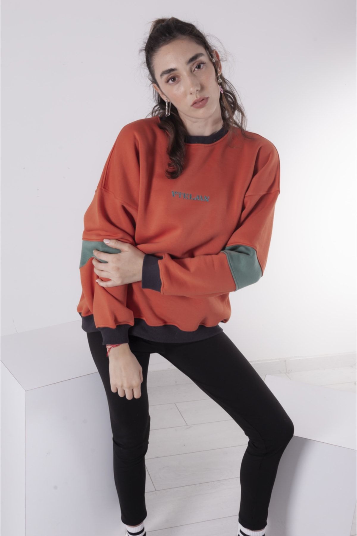 Oversize Şardonlu Örme Sweatshirt - KİREMİT
