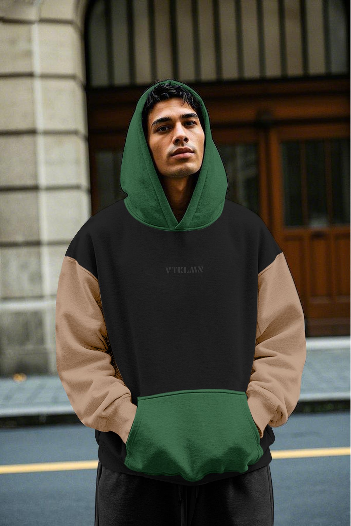 Kapüşonlu Hoodie Sweatshirt - Siyah-Kahve-Haki