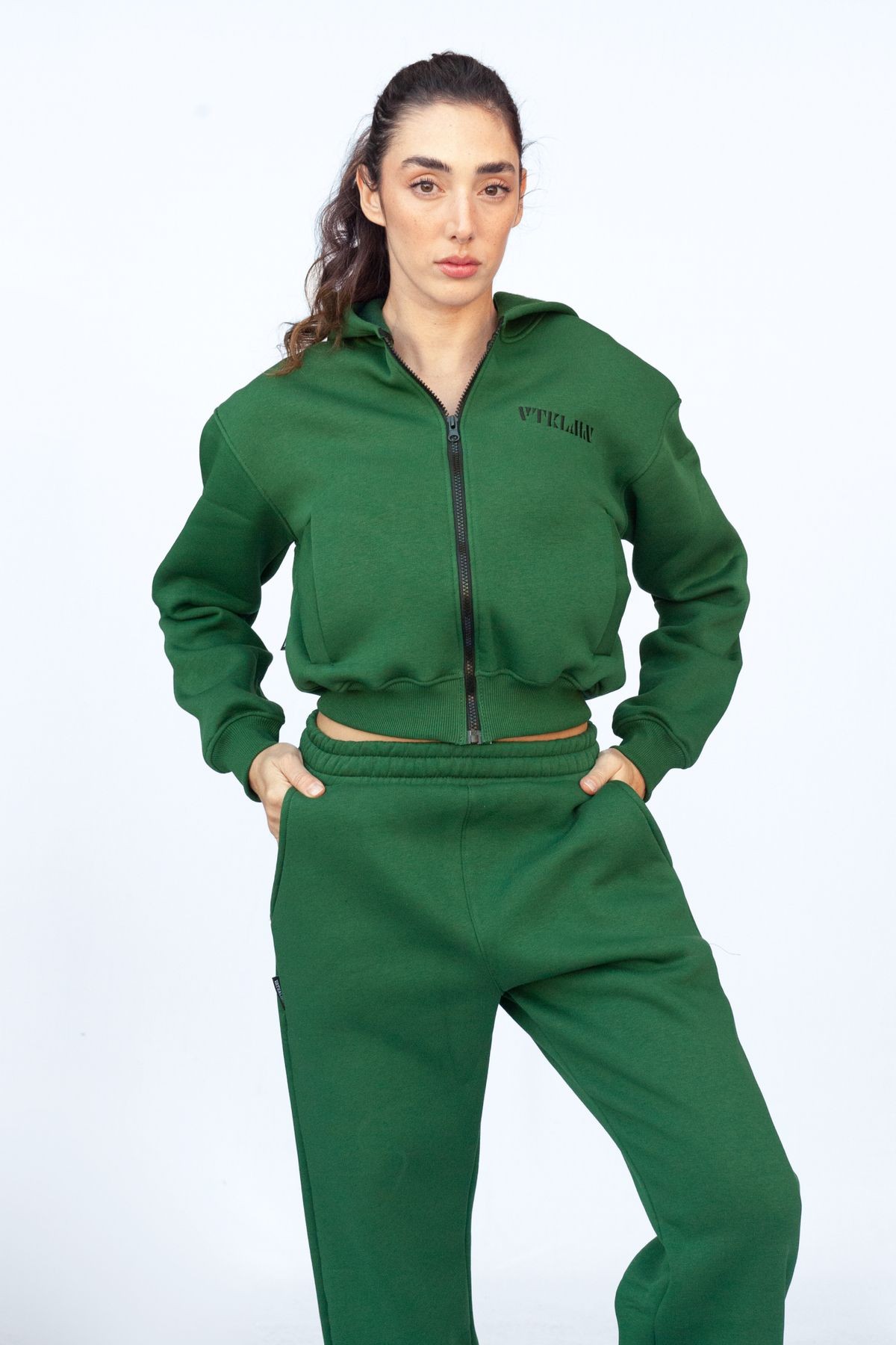 Fermuarlı Kapüşonlu Crop Kalın İçi Polarlı Örme Sweatshirt