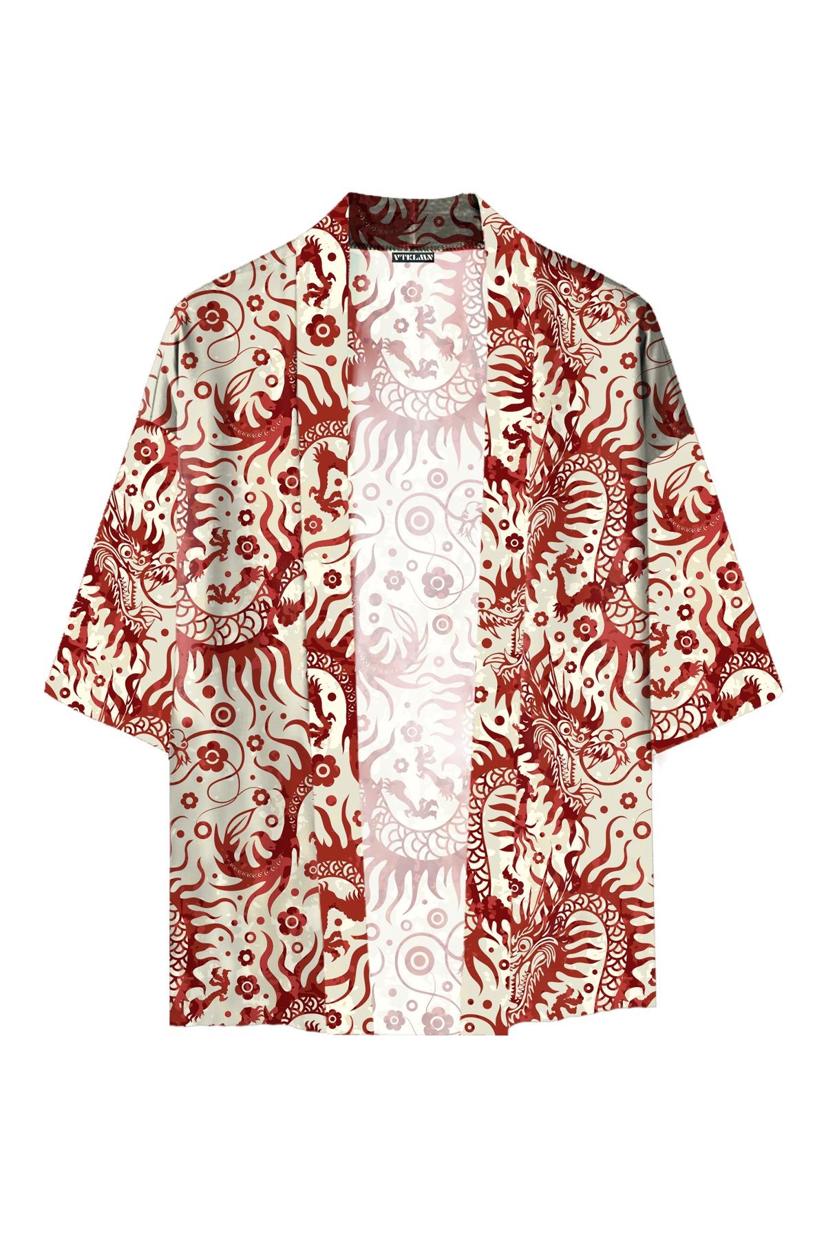 Kadın Erkek Kırmızı Desenli %100 Pamuk Viskon Kimono - Desenli