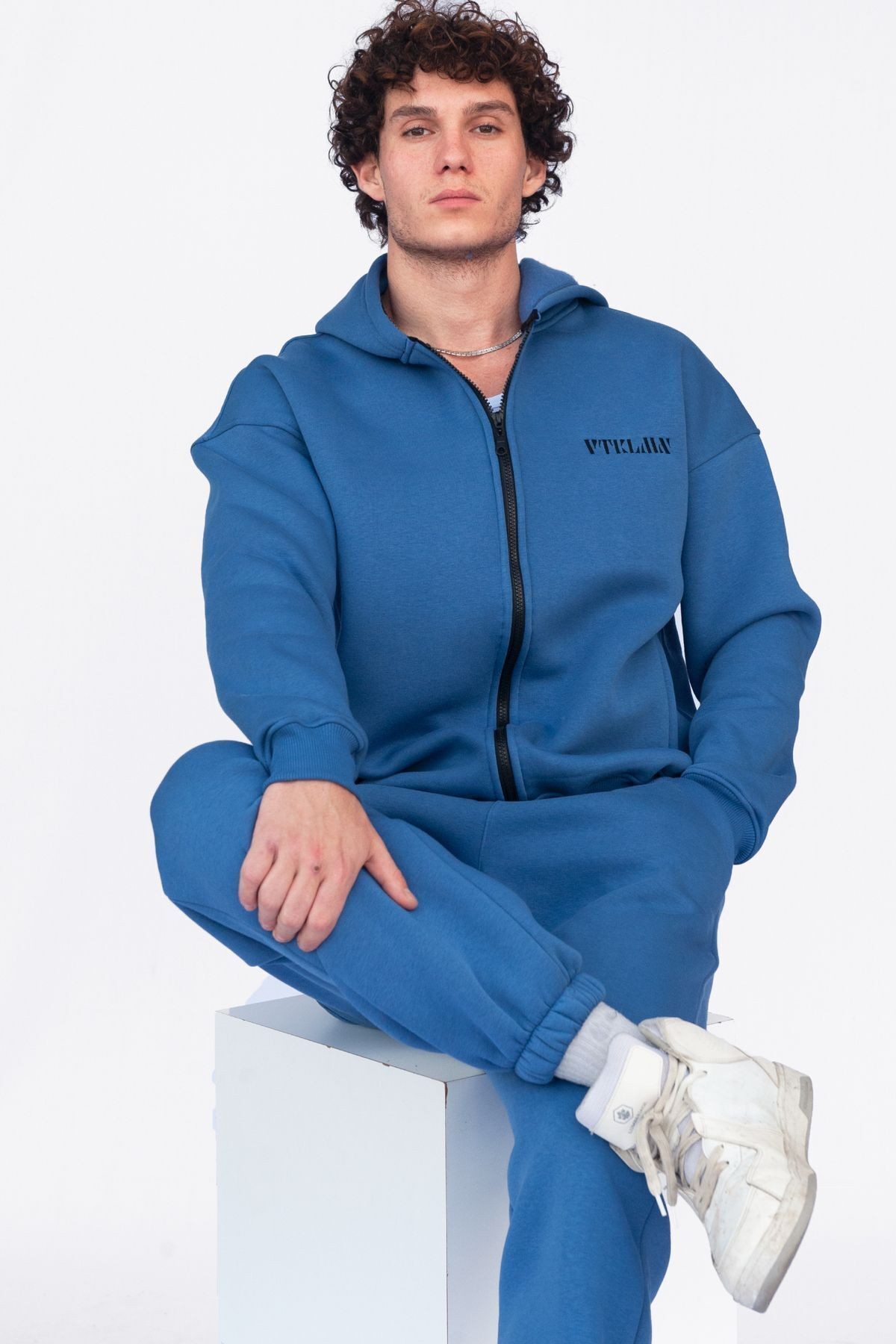 Şardonlu Oversize Kapşonlu Fermuarlı Sweatshirt - Lacivert