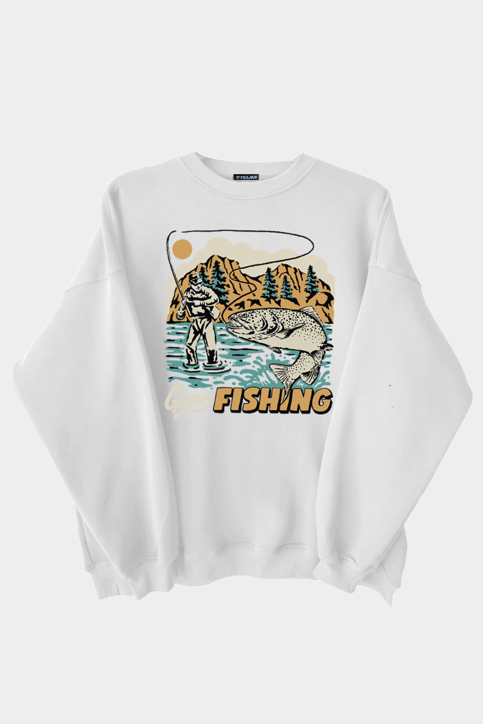 Fishing Baskılı Unisex Kalın Içi Polarlı Oversize Sweatshirt - Beyaz