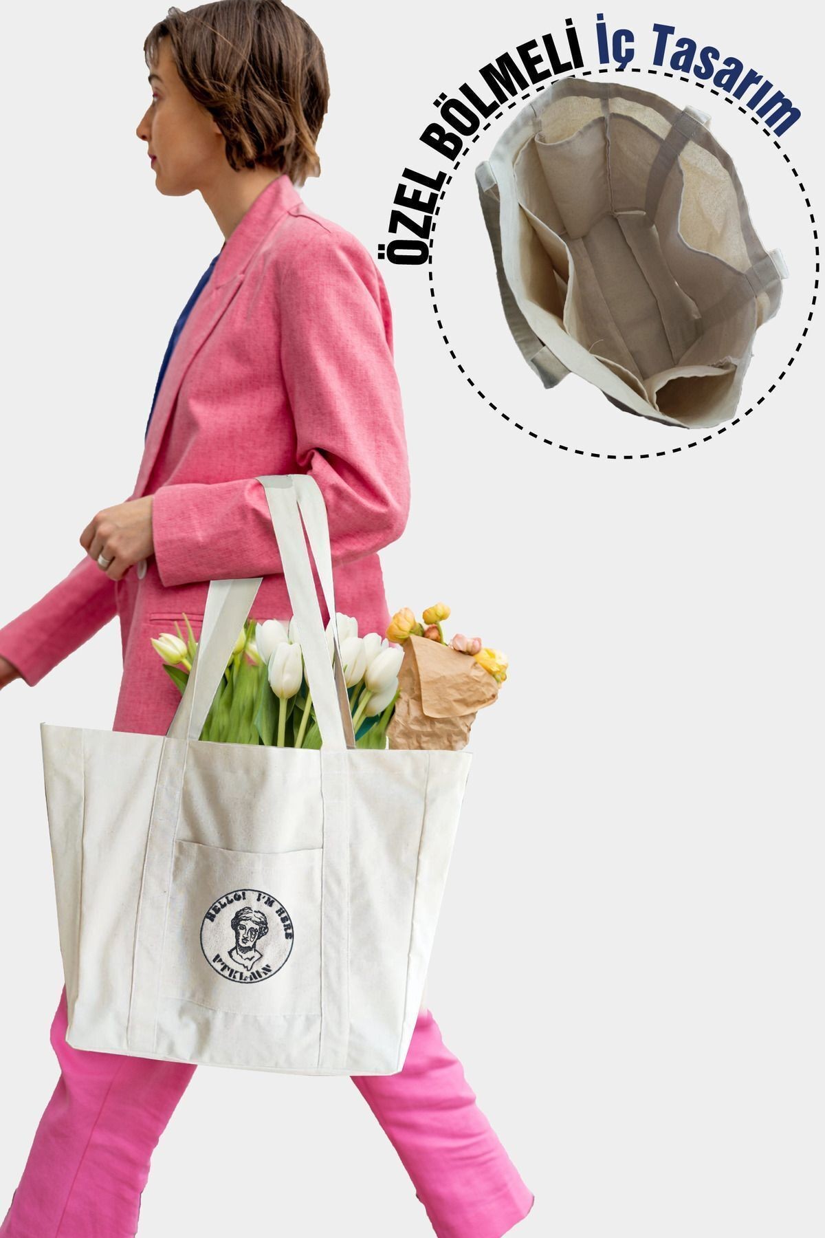 % 100 Pamuk Kanvas Bölmeli Bez Çanta / Tote Bag - Bej3