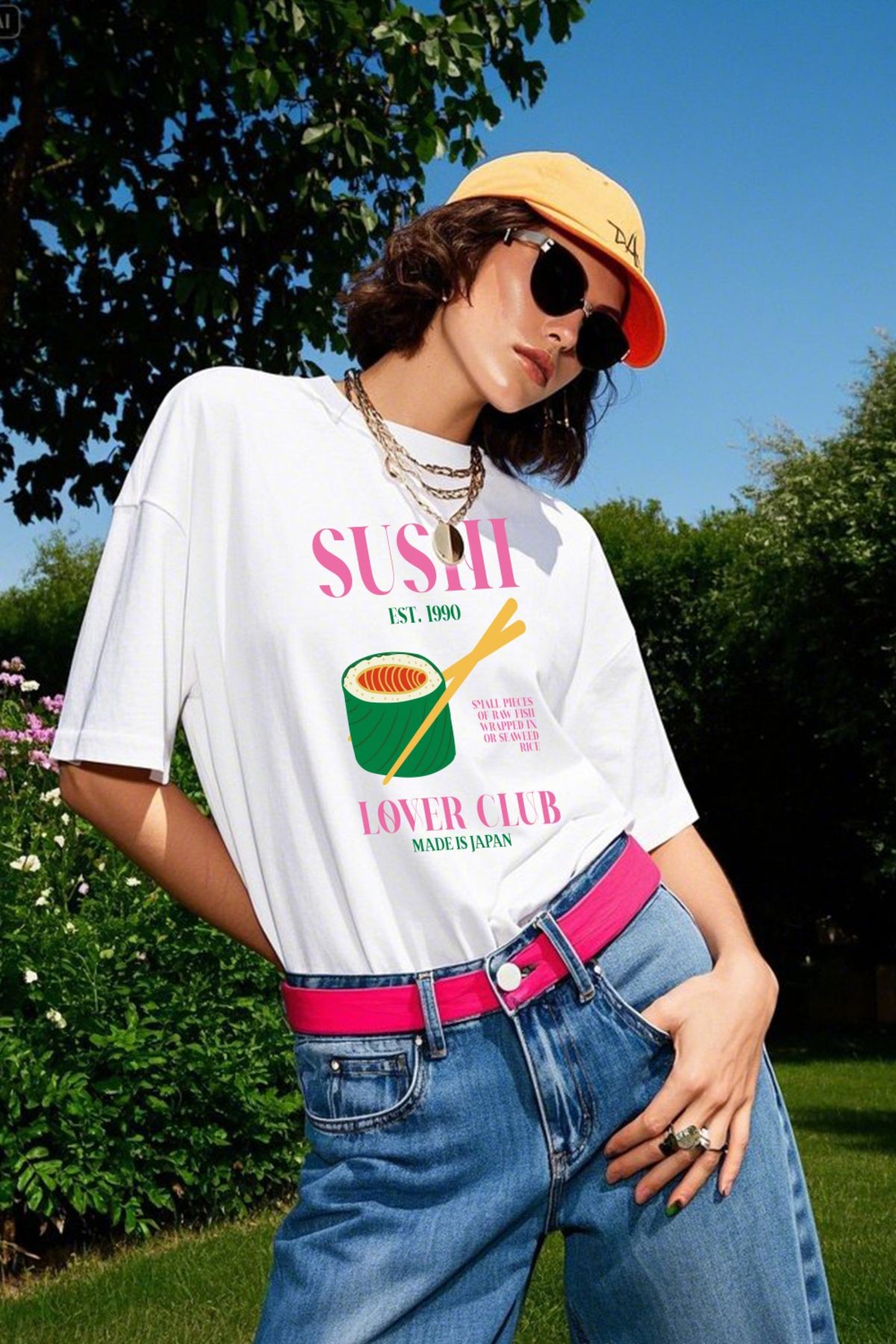 Unisex %100 Organik Pamuk Oversize Yuvarlak Yaka Baskılı T-shirt - Beyaz
