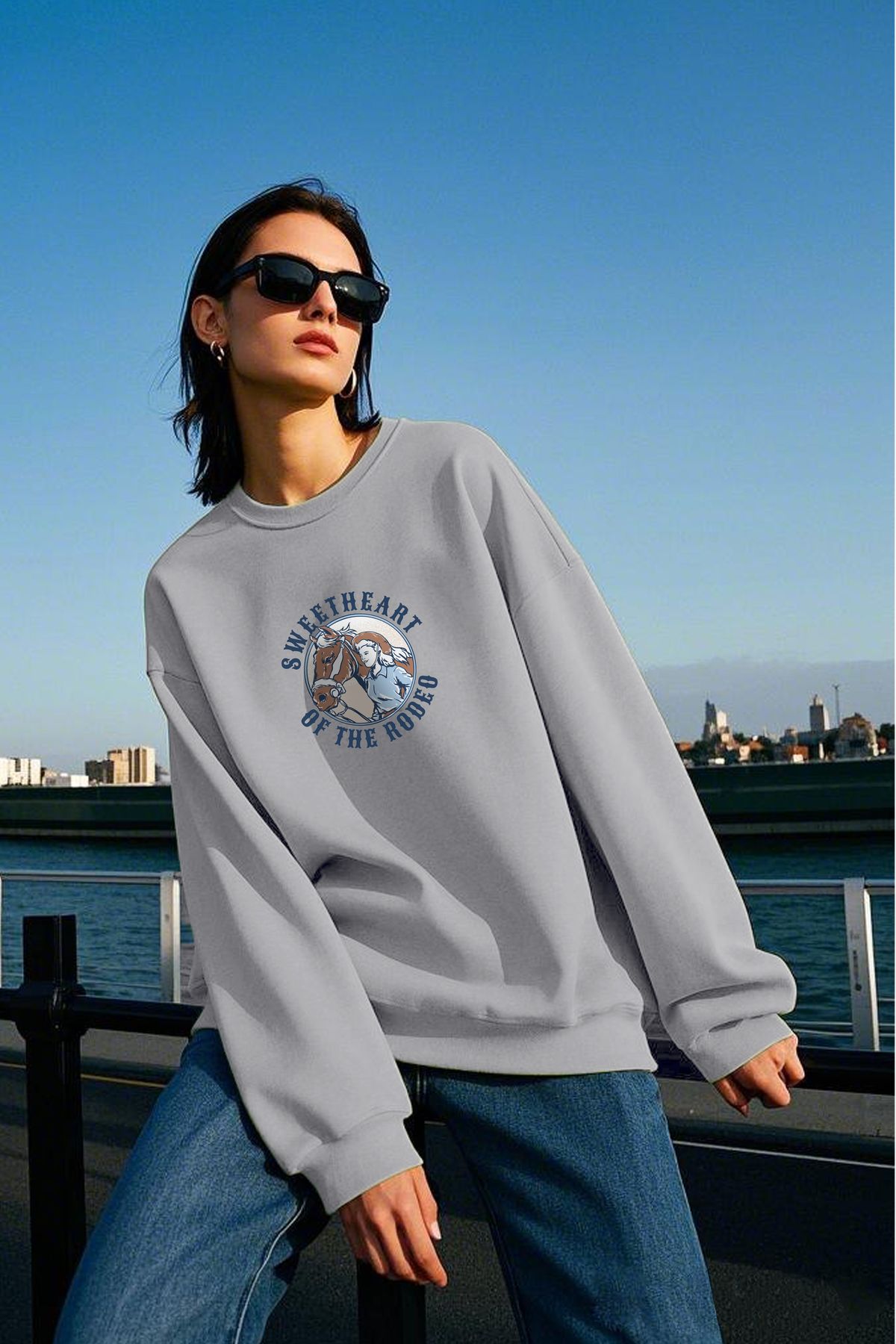 Rodeo Baskılı Unisex Kalın İçi Polarlı Oversize Sweatshirt - Gri