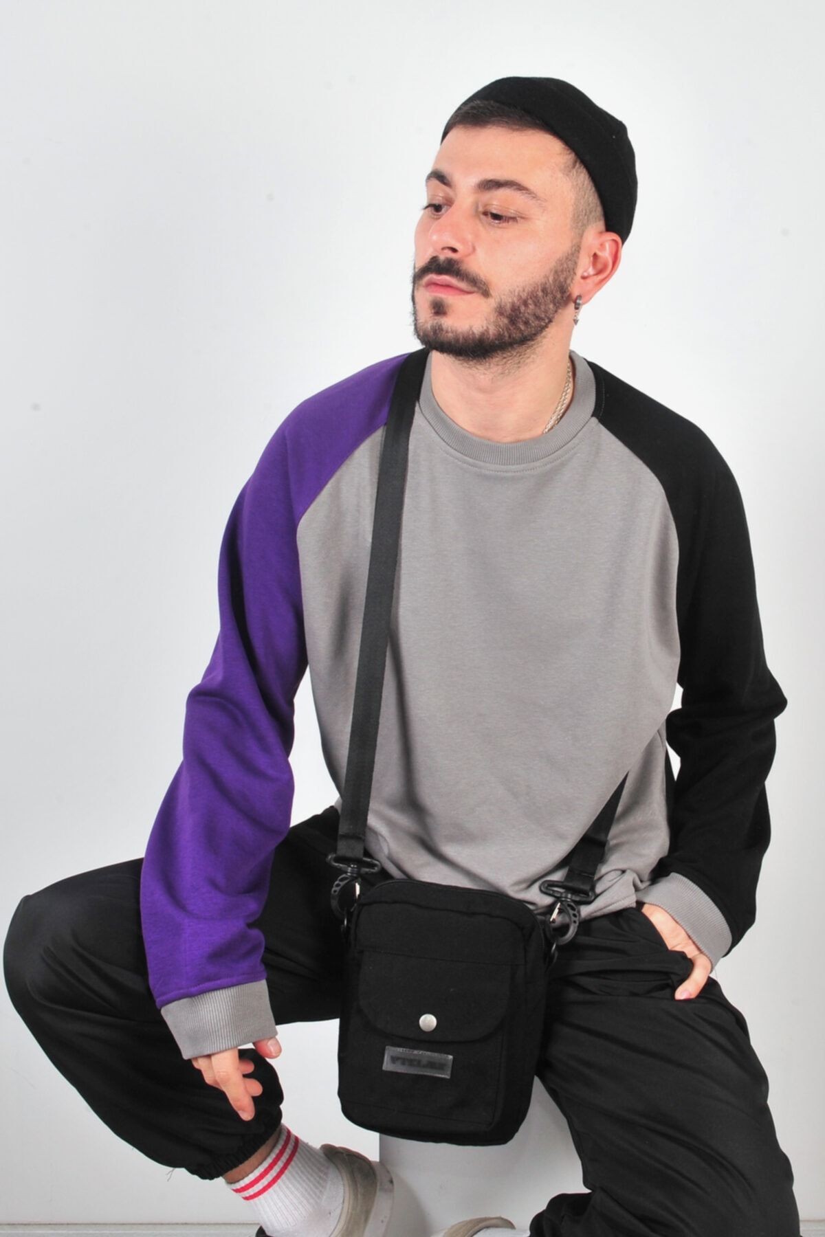 Unisex Gri Mor Siyah Oversize Örme Sweatshirt