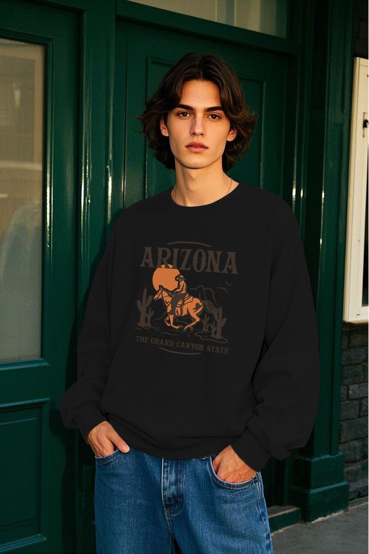 Arizona Baskılı Unisex Kalın Içi Polarlı Oversize Sweatshirt - Siyah