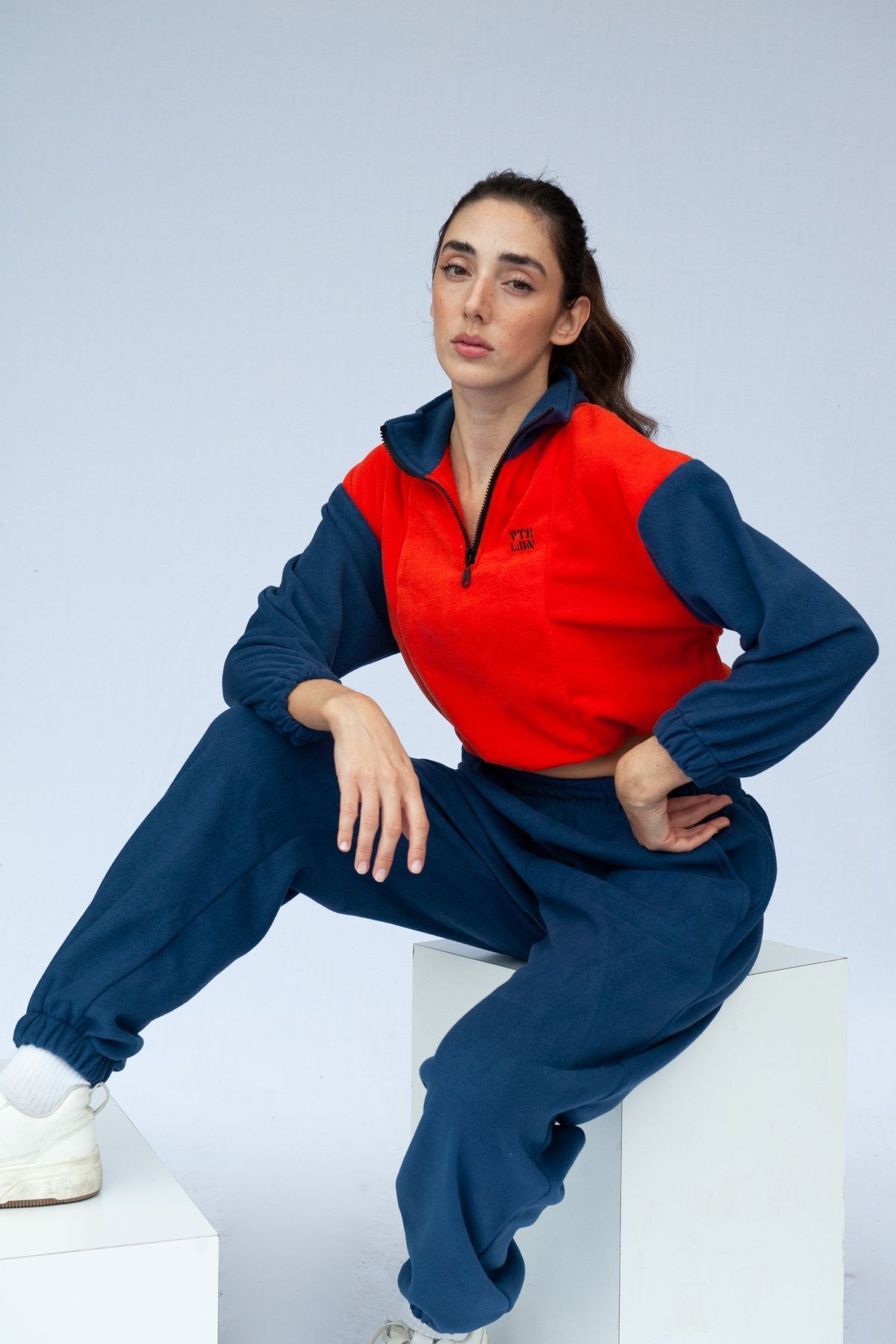 Yarım Fermuarlı Crop Polar - Turuncu-Lacivert
