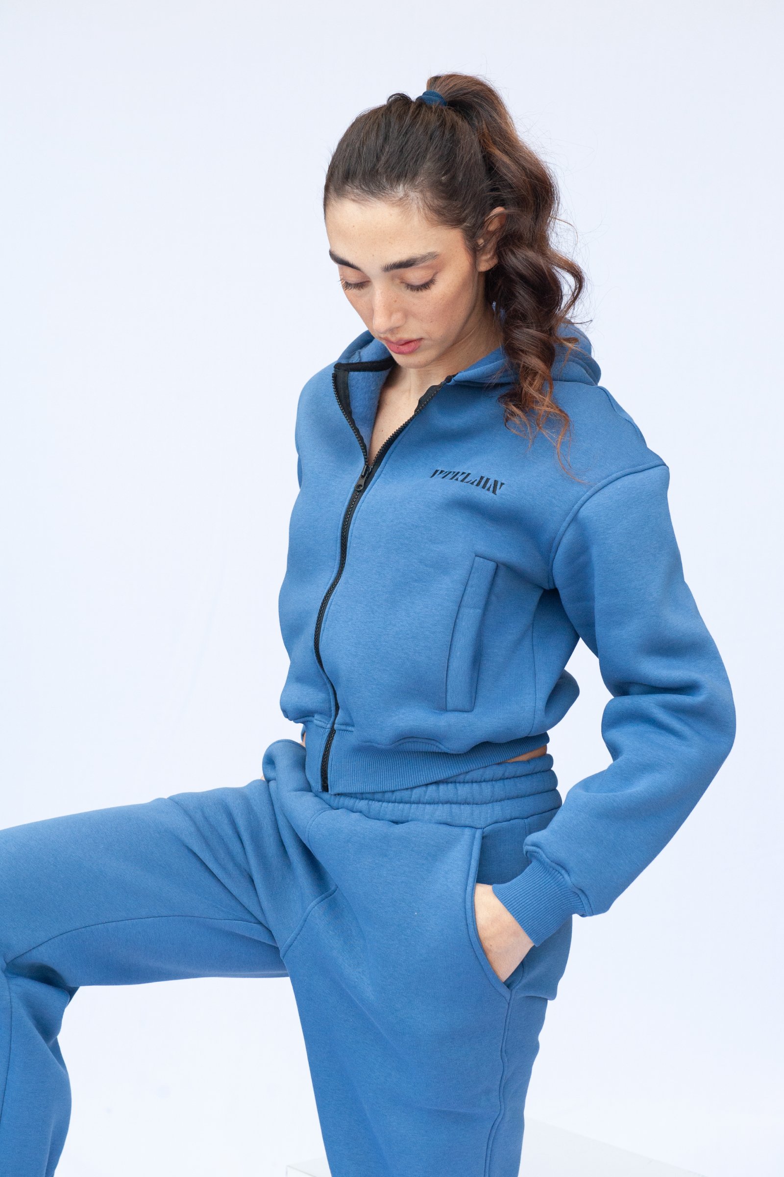 Hooded Crop Thick Fleece Knitted Sweatshirt - Navy Blue