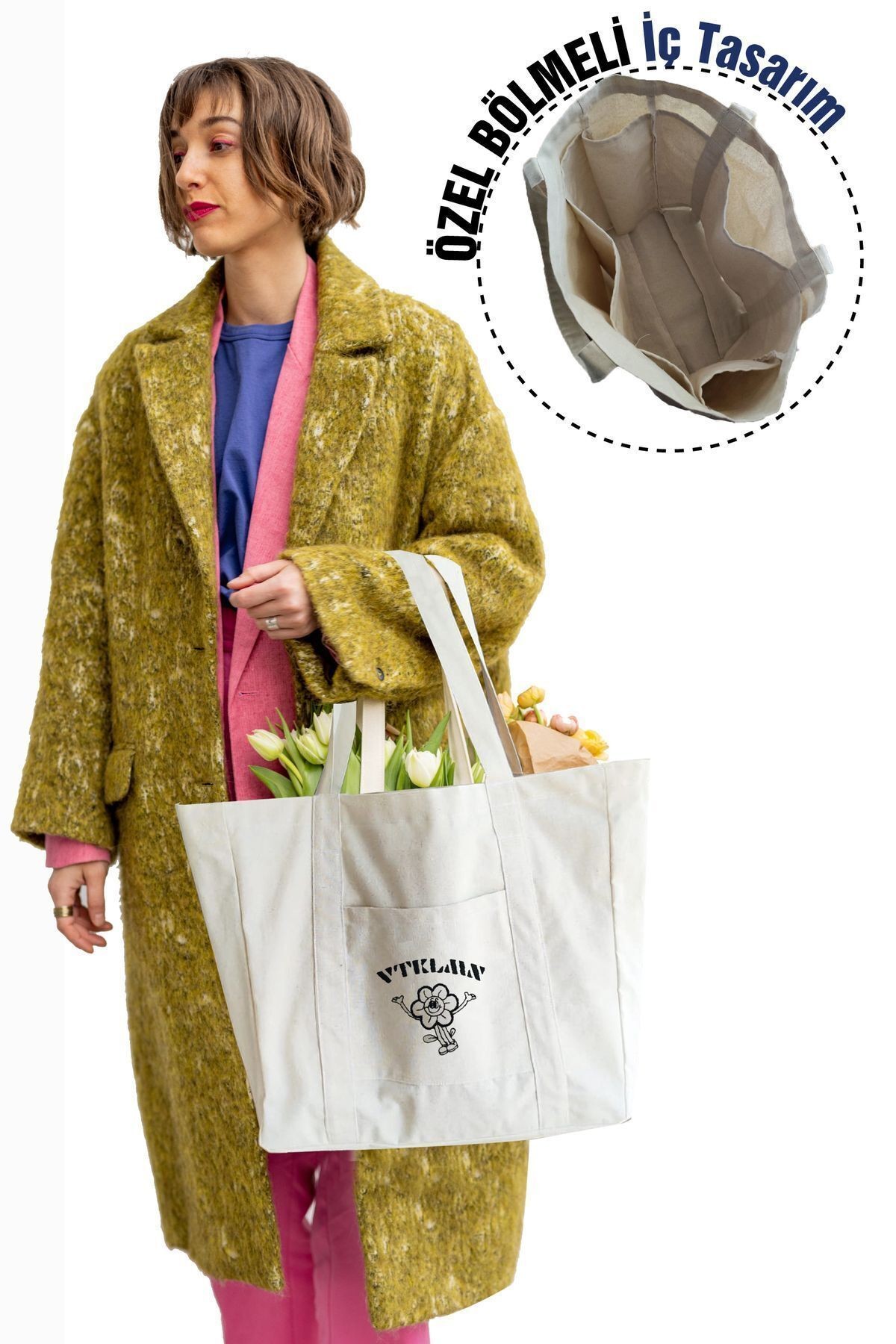 % 100 Pamuk Kanvas Bölmeli Bez Çanta / Tote Bag - Bej2