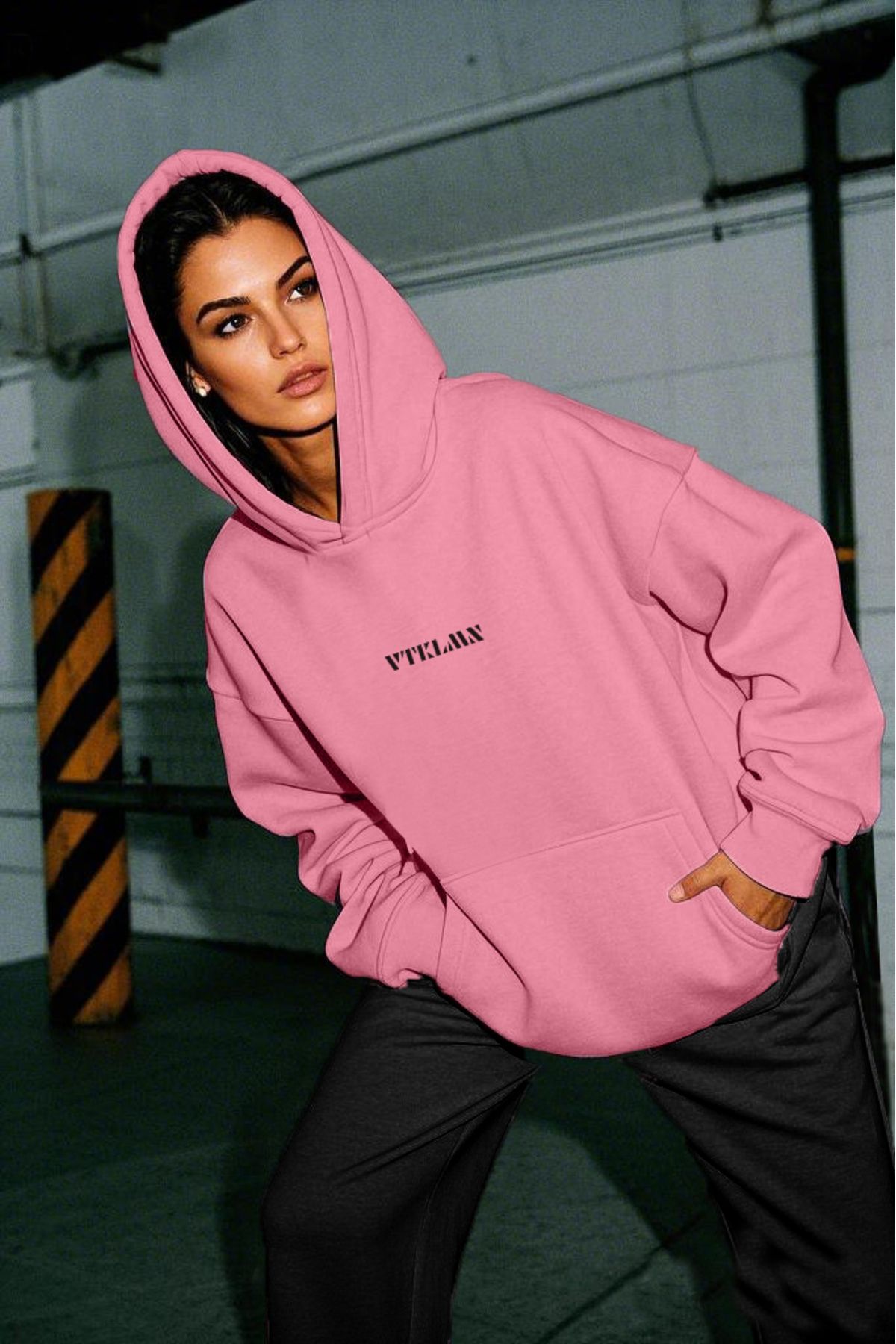 Kalın İçi Polarlı Oversize Kapüşonlu Hoodie Sweatshirt - Pembe