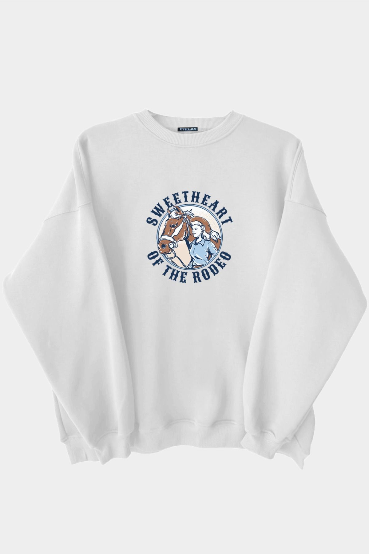 Rodeo Baskılı Unisex Kalın İçi Polarlı Oversize Sweatshirt - Beyaz