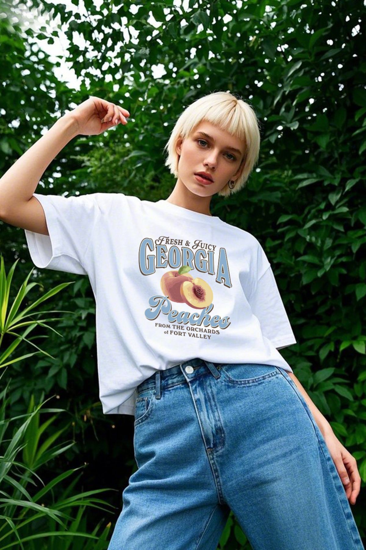 Unisex %100 Organik Pamuk Oversize Yuvarlak Yaka Baskılı T-shirt - Beyaz