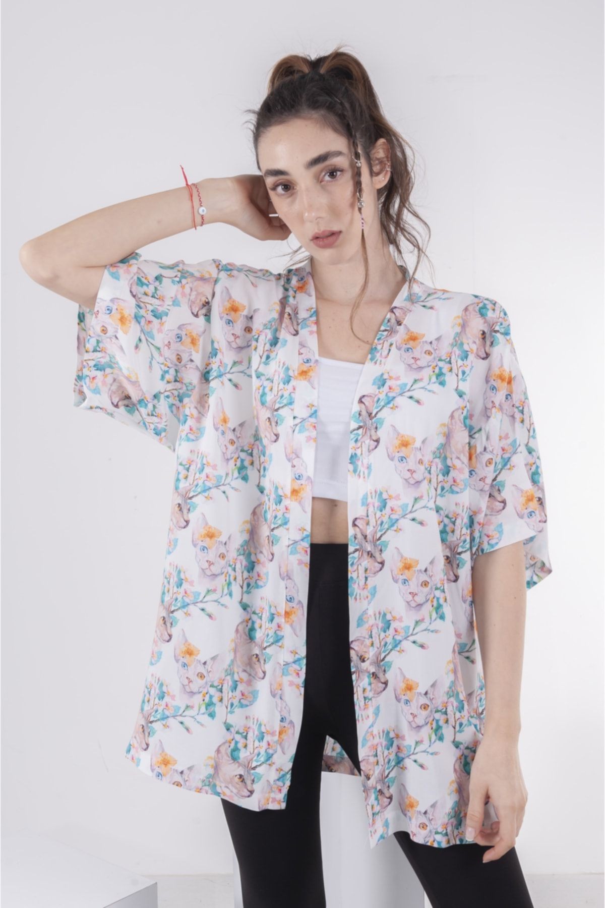 Kadın Erkek Standart Beden Desenli Kimono Gömlek - Beyaz