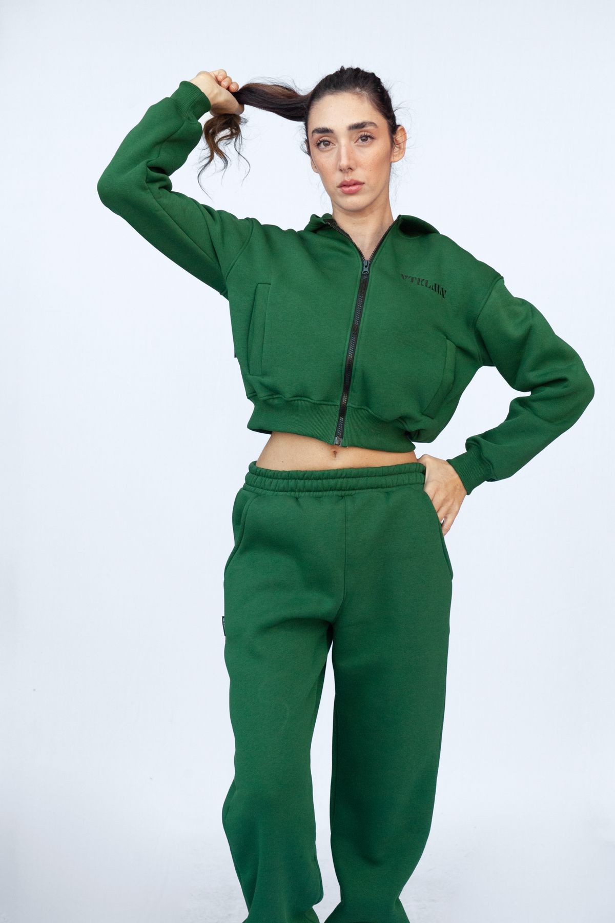 Fermuarlı Kapüşonlu Crop Kalın İçi Polarlı Örme Sweatshirt