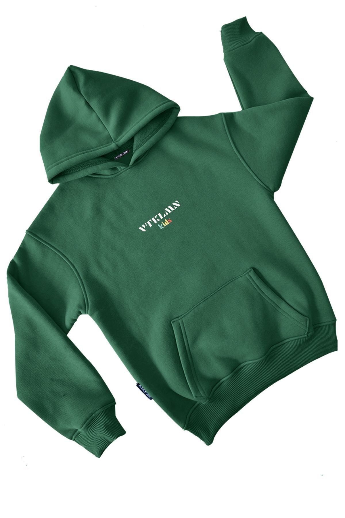 Erkek / Kız Çocuk Kalın İçi Polarlı Kapüşonlu Hoodie Sweatshirt - Koyu-Yeşil