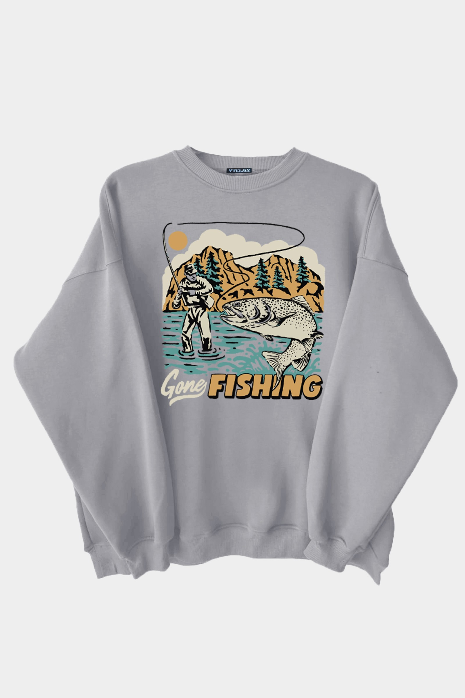 Fishing Baskılı Unisex Kalın Içi Polarlı Oversize Sweatshirt - Gri