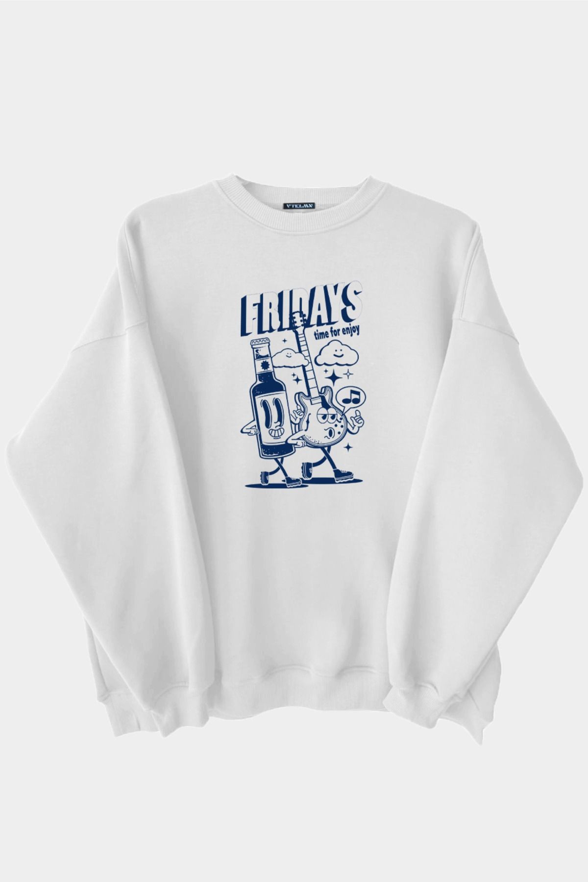 Fridays Baskılı Unisex Kalın Içi Polarlı Oversize Sweatshirt - Beyaz