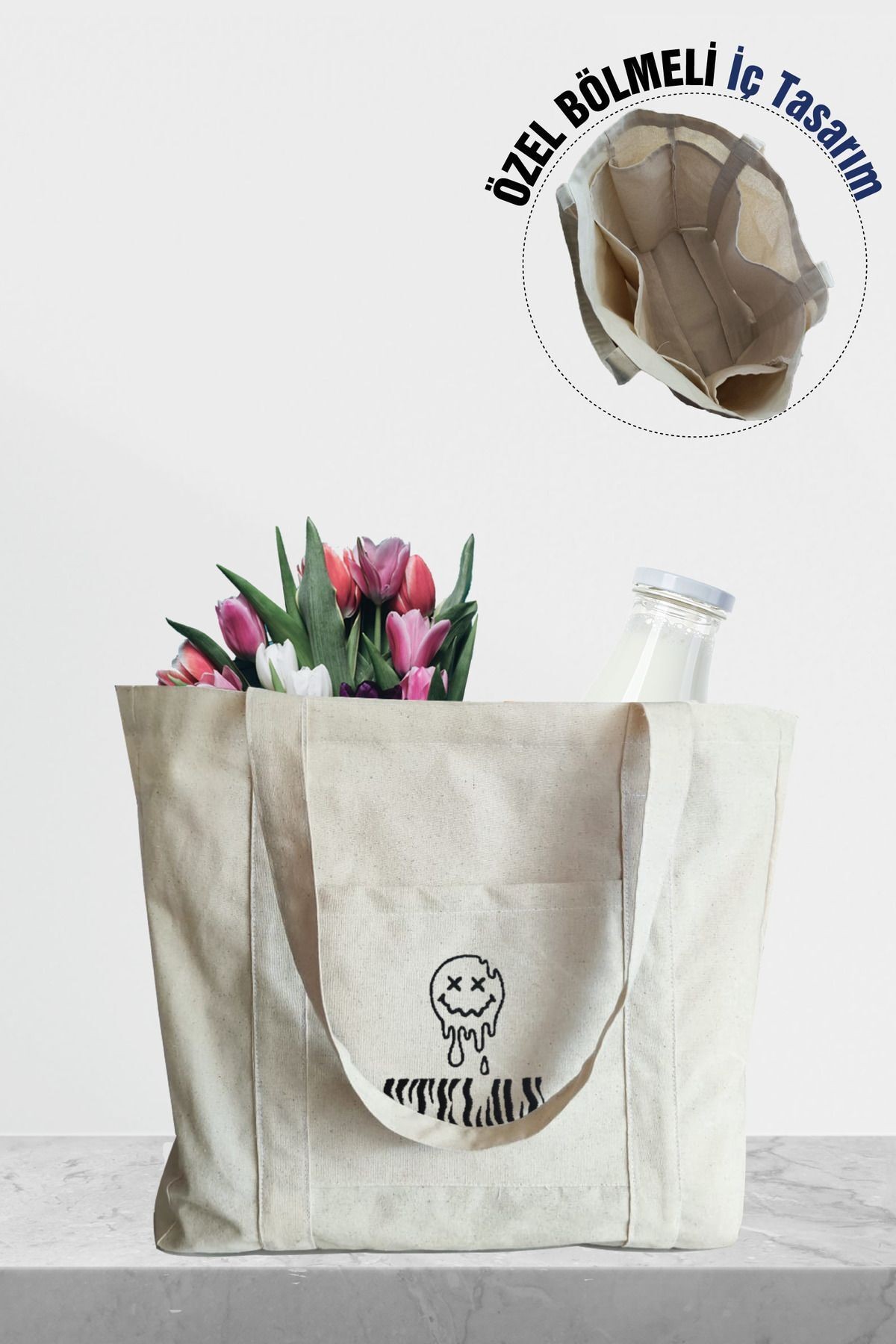% 100 Pamuk Kanvas Bölmeli Bez Çanta / Tote Bag - Bej5