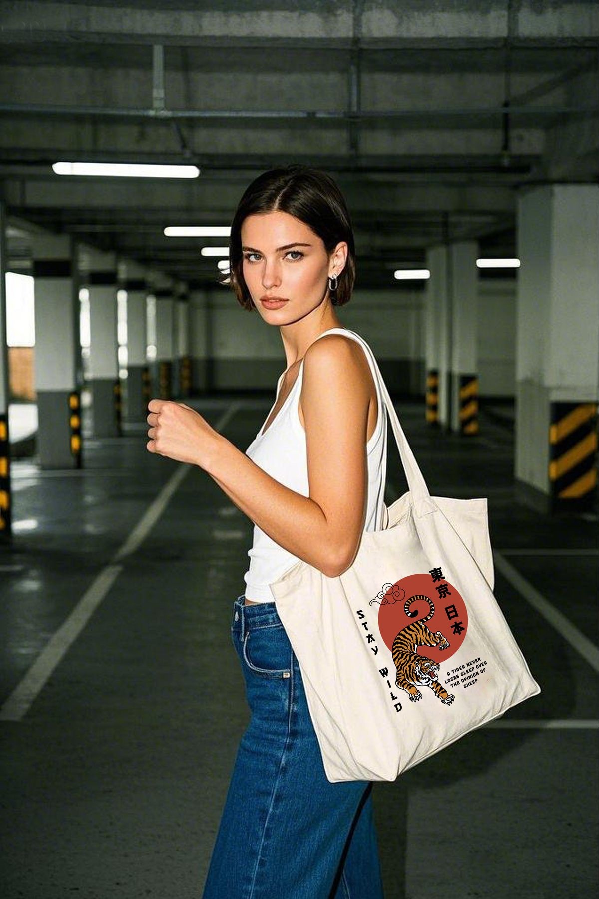 Bezji Stay Wild Baskılı Kanvas Bez Çanta Tote Bag - Krem
