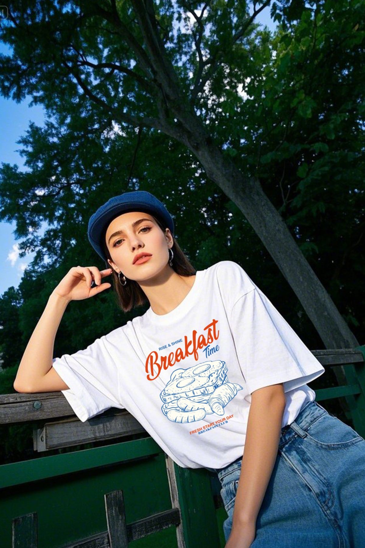 Unisex %100 Organik Pamuk Oversize Yuvarlak Yaka Baskılı T-shirt - Beyaz