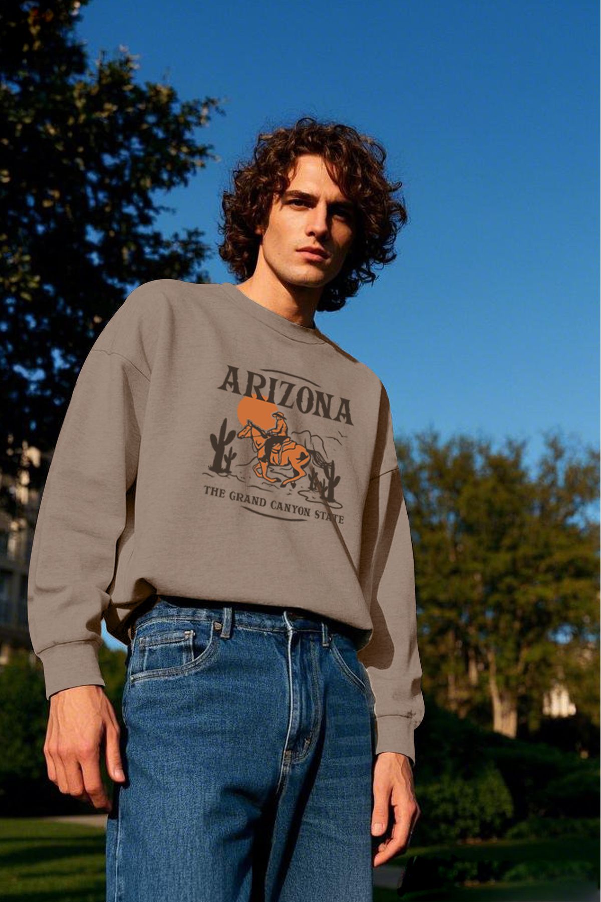 Arizona Baskılı Unisex Kalın Içi Polarlı Oversize Sweatshirt - KAHVE