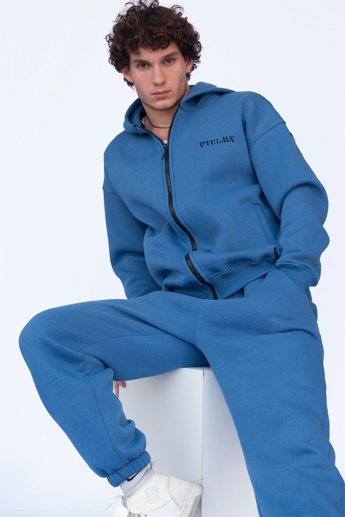 Şardonlu Oversize Kapşonlu Fermuarlı Sweatshirt - Lacivert