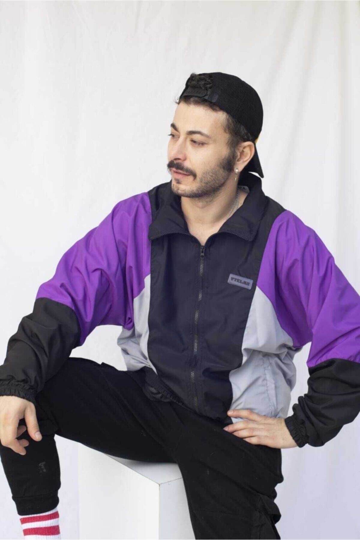 Unisex Bomber Ceket - Siyah-Mor-Gri