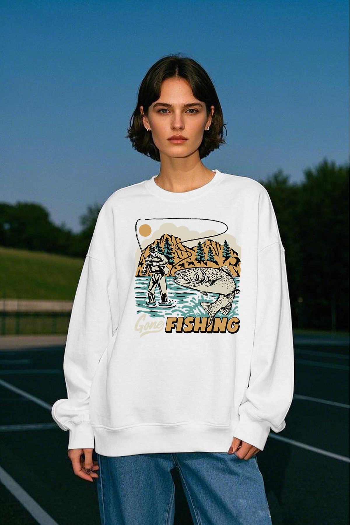 Fishing Baskılı Unisex Kalın Içi Polarlı Oversize Sweatshirt