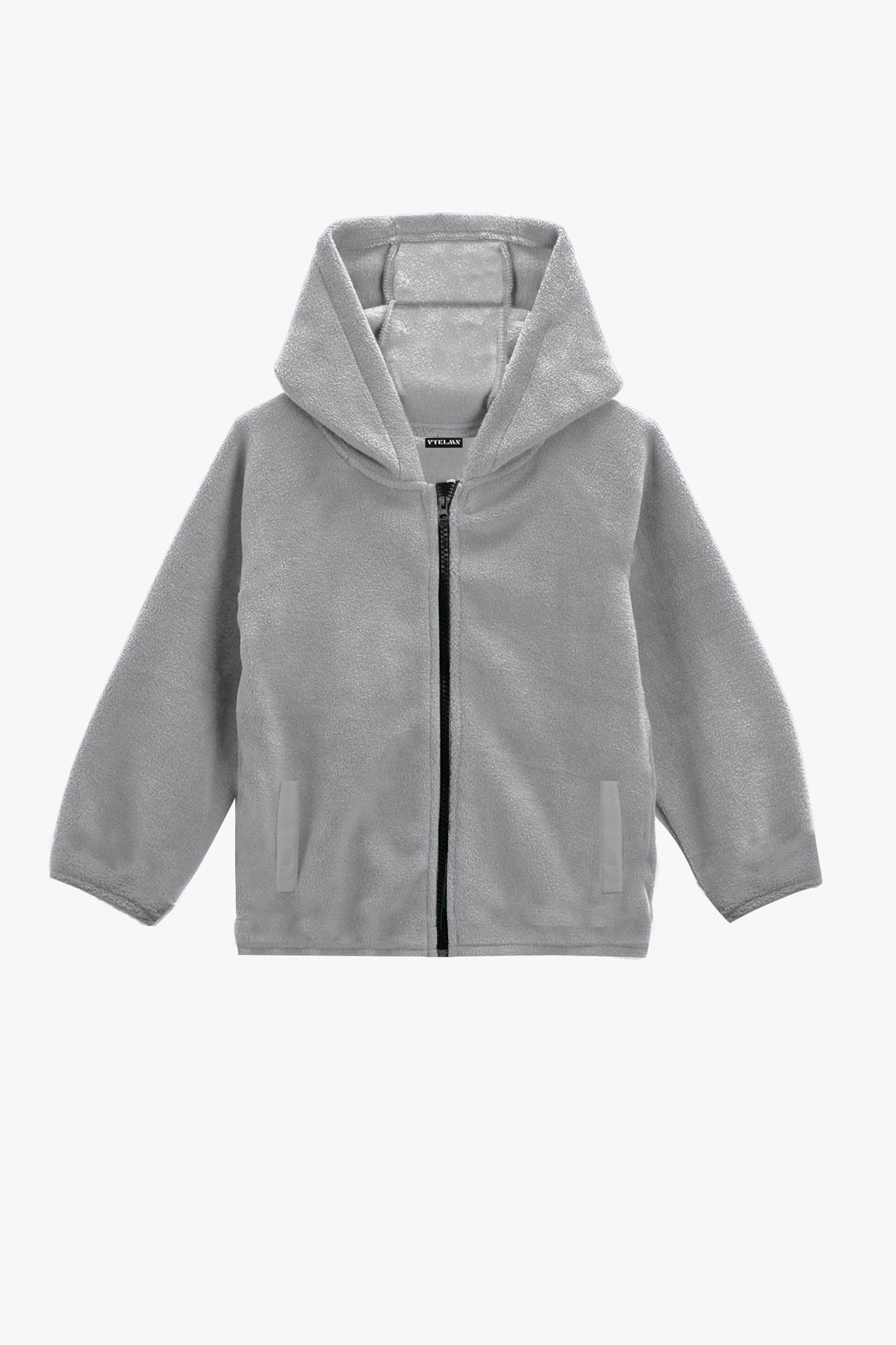 Kız Erkek Çocuk Cepli Kapüşonlu Polar Ceket - Gray