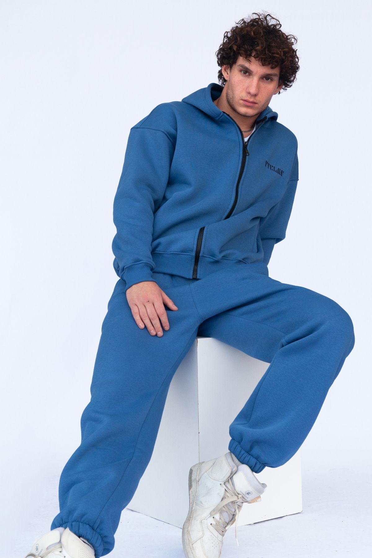Şardonlu Oversize Kapşonlu Fermuarlı Sweatshirt - Lacivert