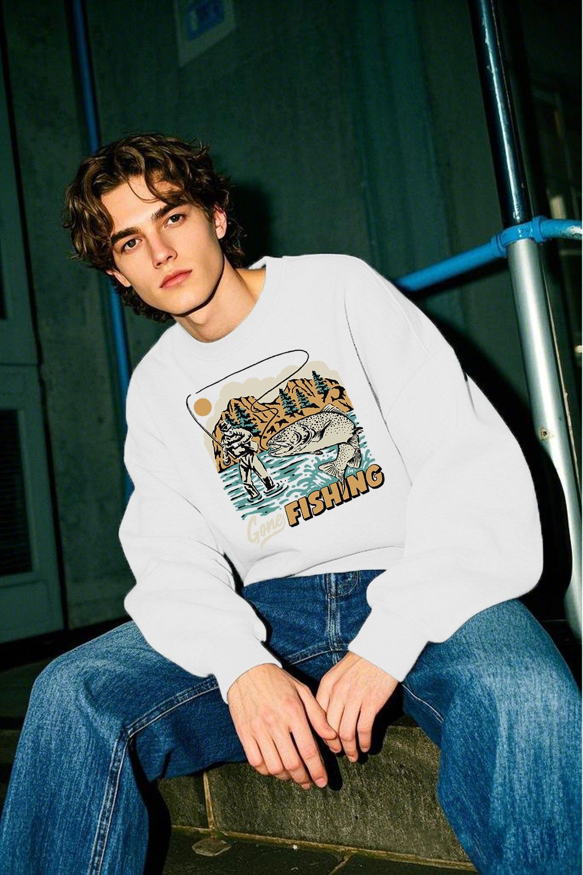 Fishing Baskılı Unisex Kalın Içi Polarlı Oversize Sweatshirt