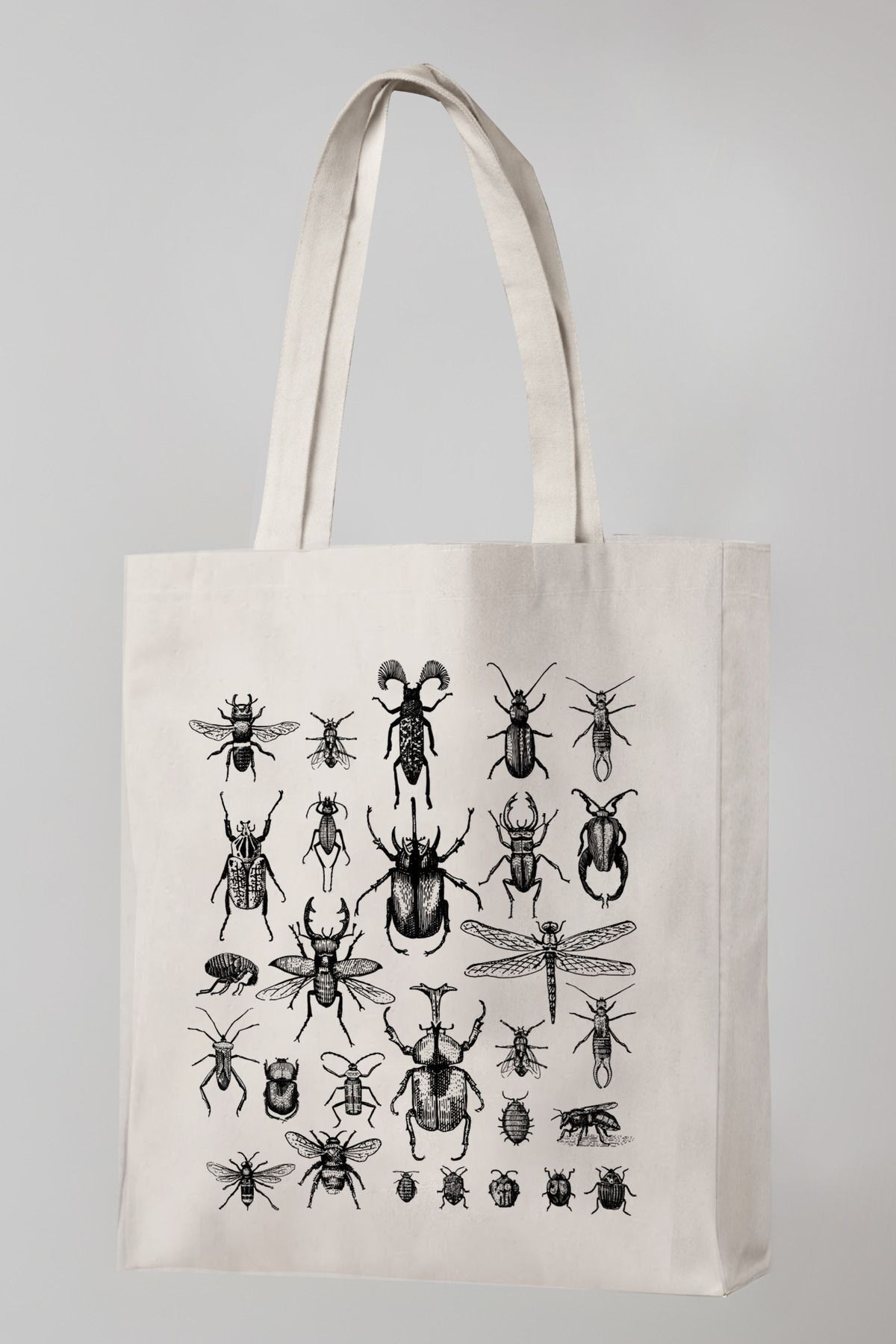 Bezji Bugs Baskılı Kanvas Bez Çanta Tote Bag - Krem