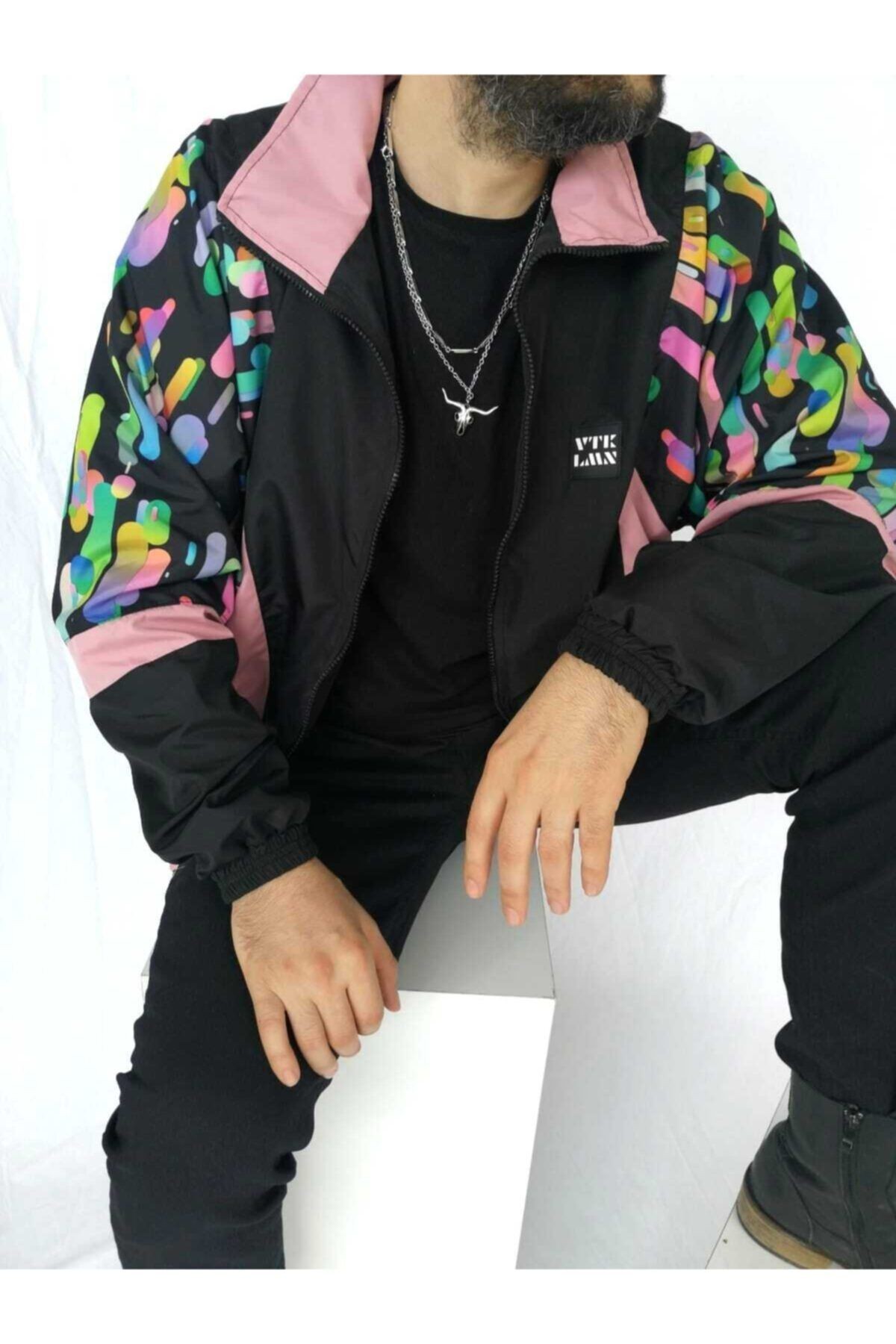 Kadın Erkek Desenli Bomber Ceket - Siyah-Pembe