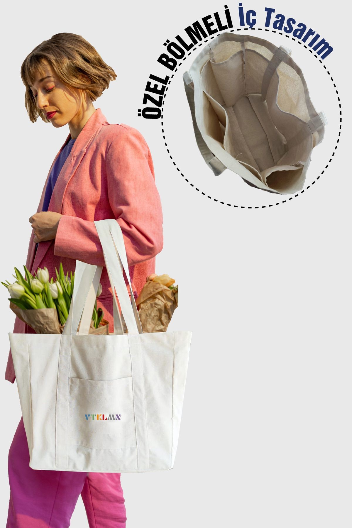 % 100 Pamuk Kanvas Bölmeli Bez Çanta / Tote Bag