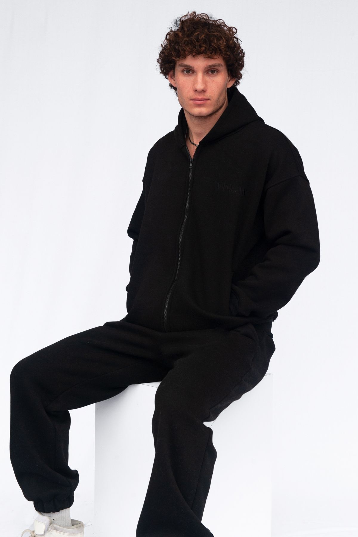 Şardonlu Oversize Kapşonlu Fermuarlı Sweatshirt - Siyah