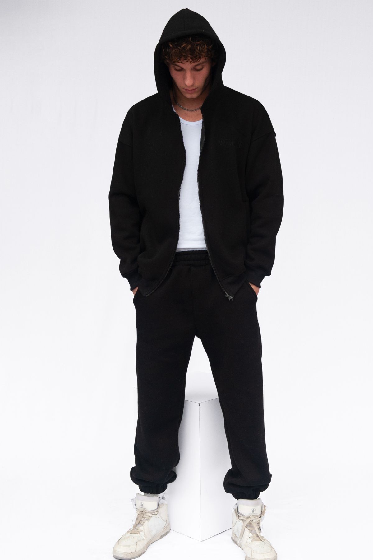 Şardonlu Oversize Kapşonlu Fermuarlı Sweatshirt - Siyah