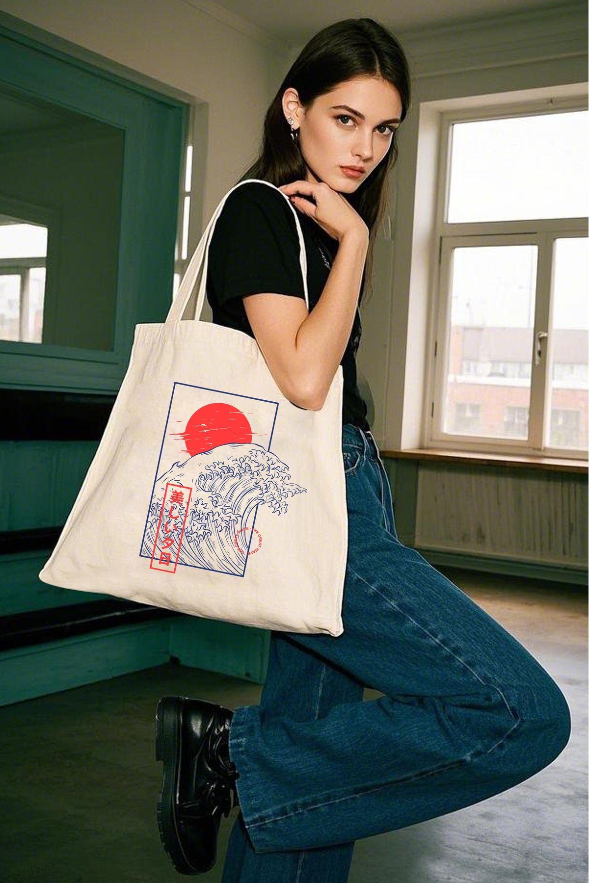 Bezji Wave Baskılı Kanvas Bez Çanta Tote Bag