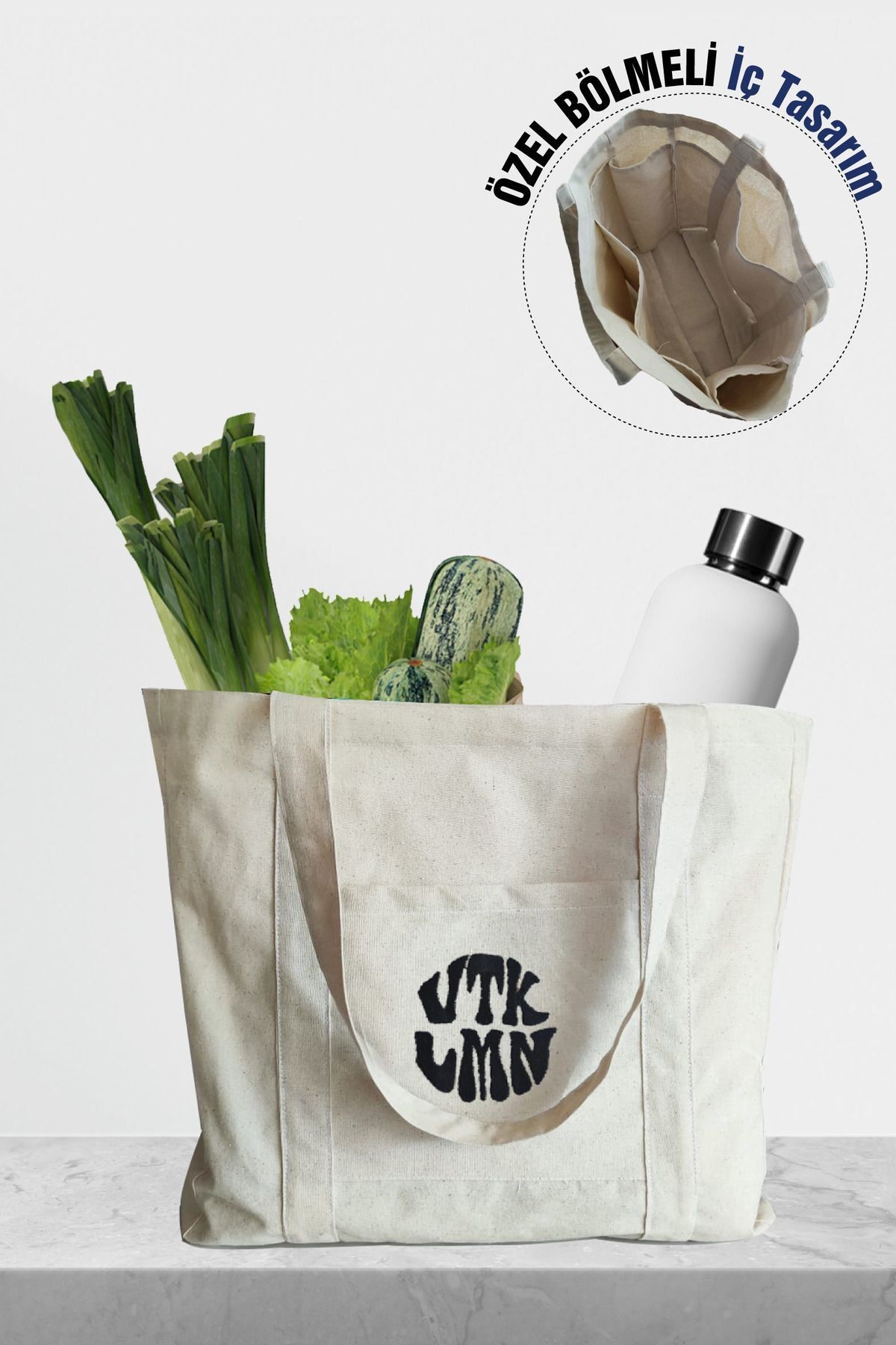 % 100 Pamuk Kanvas Bölmeli Bez Çanta / Tote Bag - Bej4