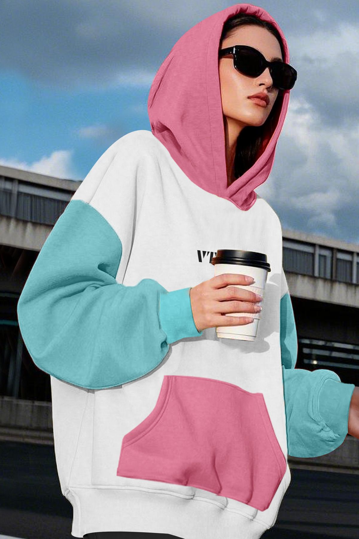 Kapüşonlu Hoodie Sweatshirt - Beyaz-Turkuaz-Pembe
