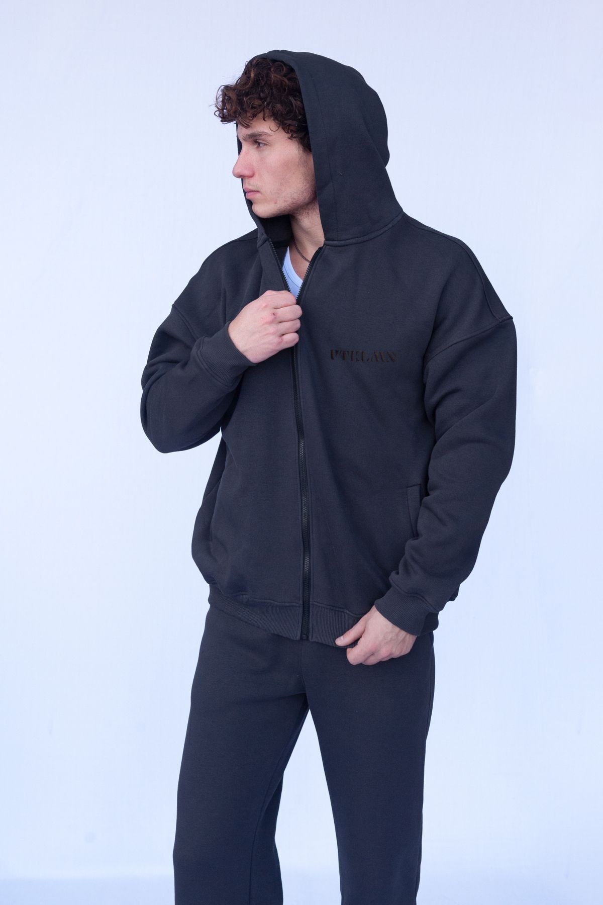 Şardonlu Oversize Kapşonlu Fermuarlı Sweatshirt