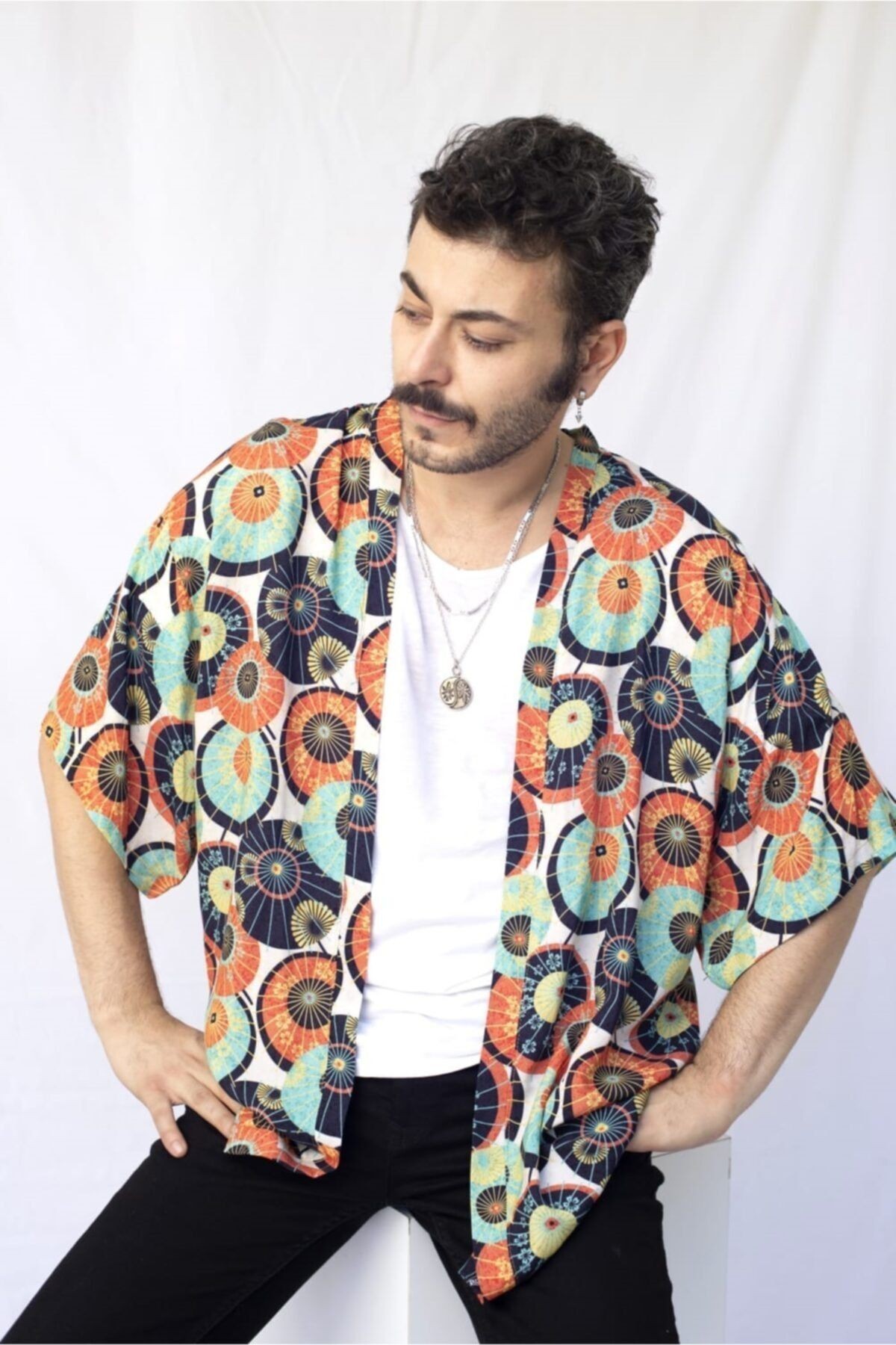 Unisex Yeşil Turuncu Standart Beden Desenli Kimono Gömlek - Desenli