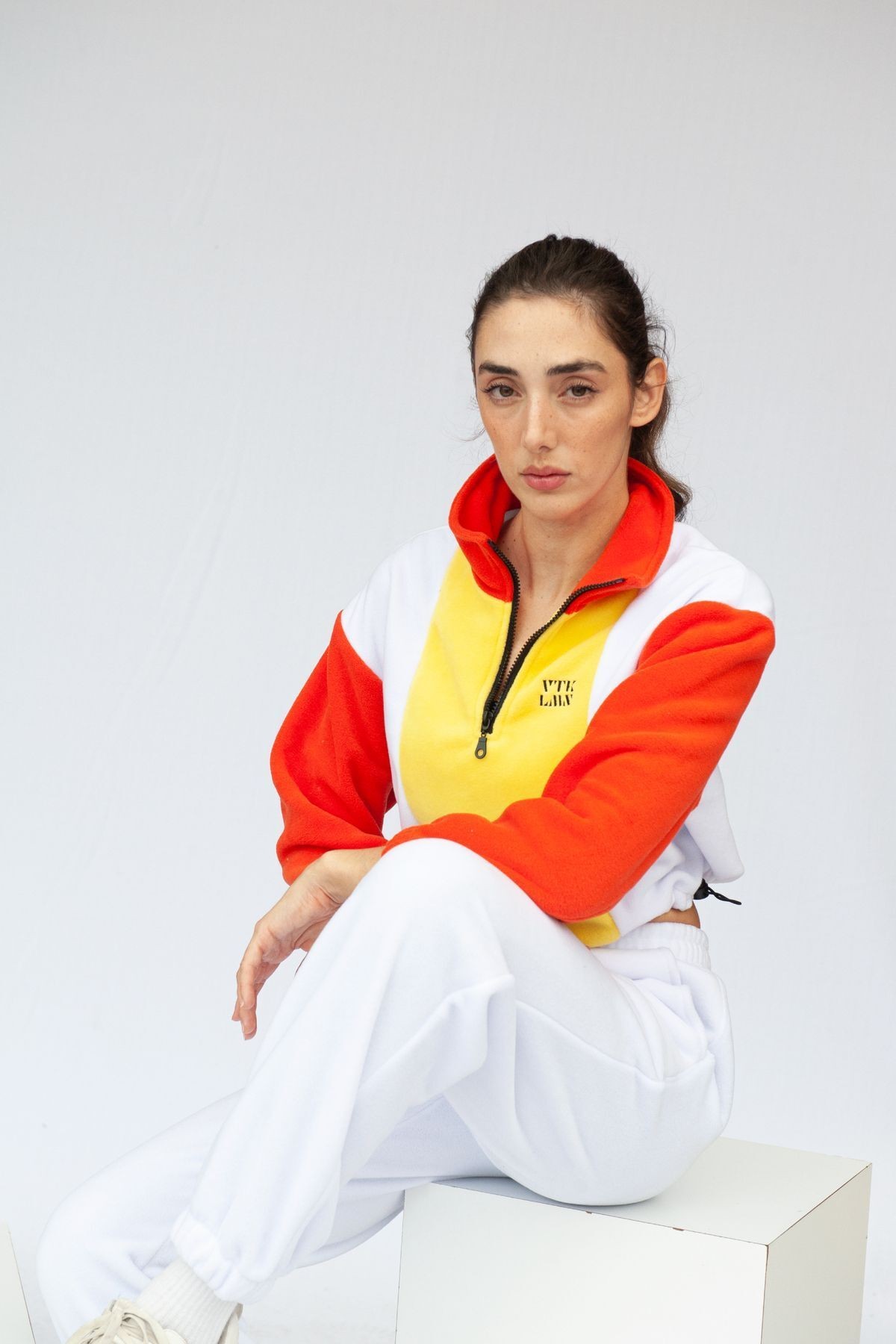 Yarım Fermuarlı Crop Polar - Turuncu